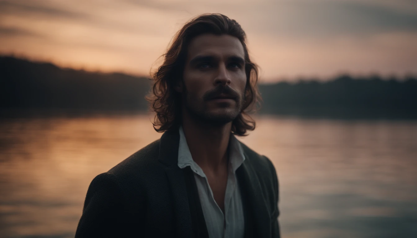 Generate an image of a mystical and ethereal male presence above the water.