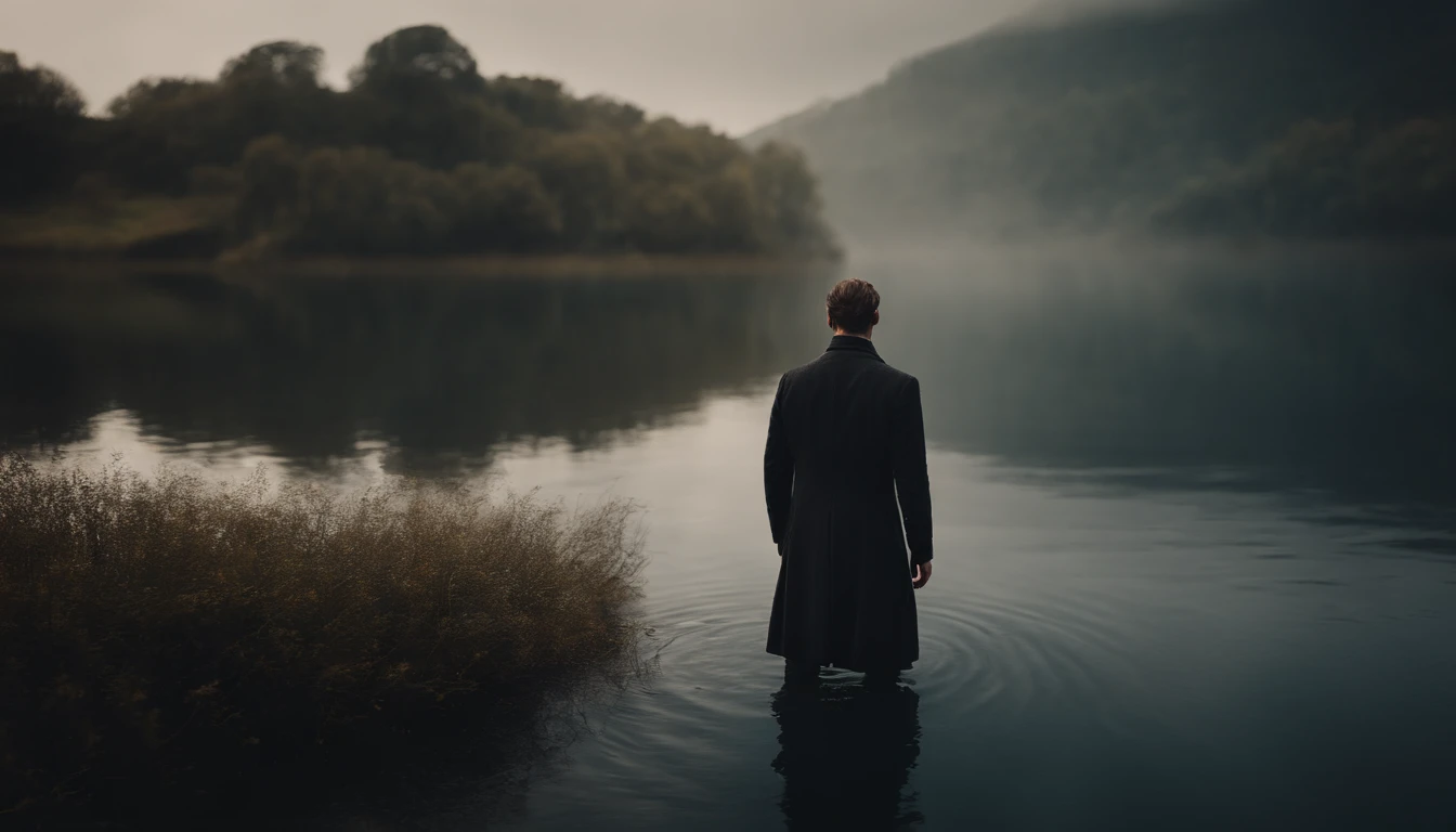 Generate an image of a mystical and ethereal male presence above the water.