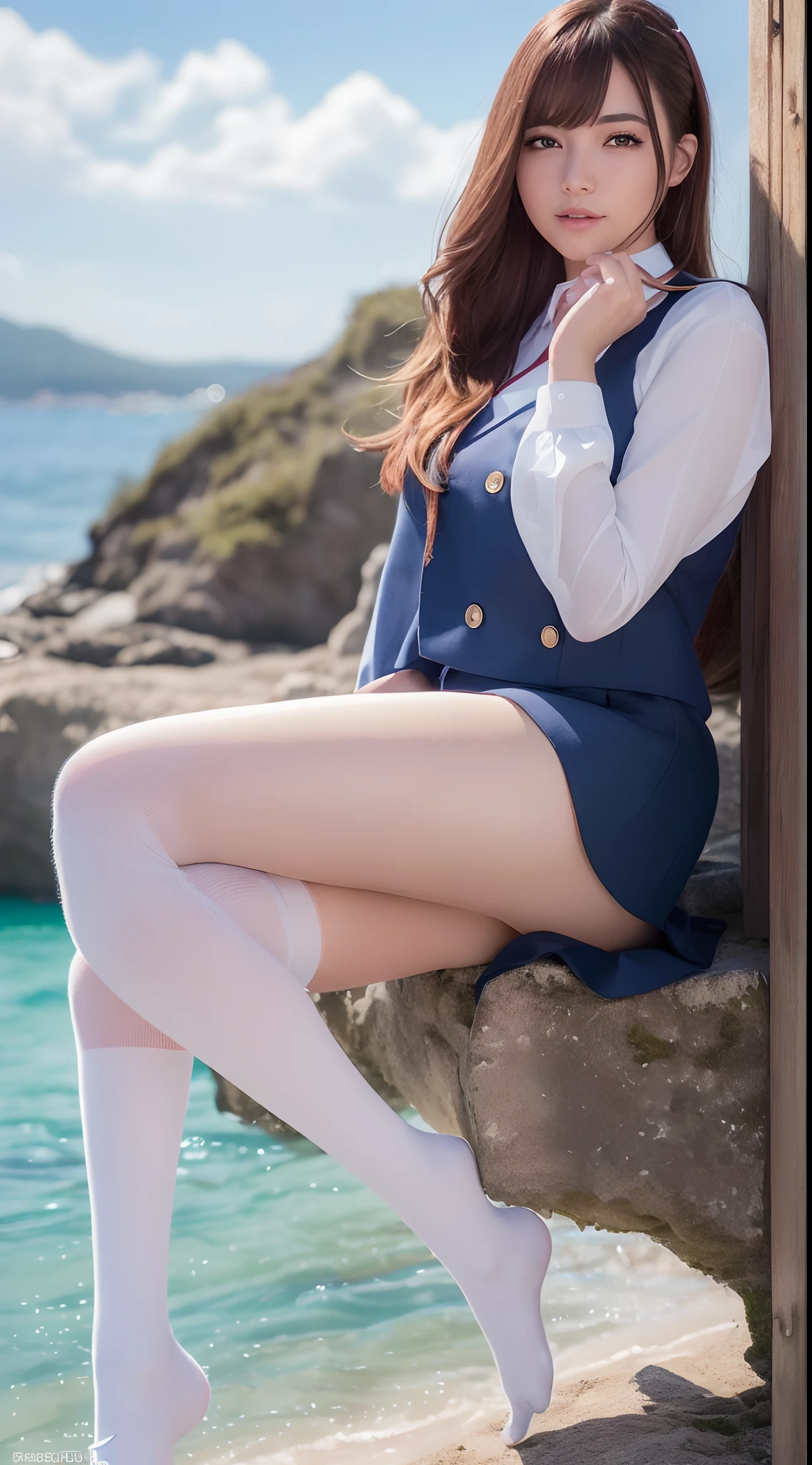 (Best quality,4K,8K,A high resolution,Masterpiece:1.2), Ultra-detailed, (Realistic,Photorealistic,photo-realistic:1.37), A woman with two tails, JK school uniform, White lace knee-length socks, Vibrant colors, Soft lighting, harbour, beach, Cruise
