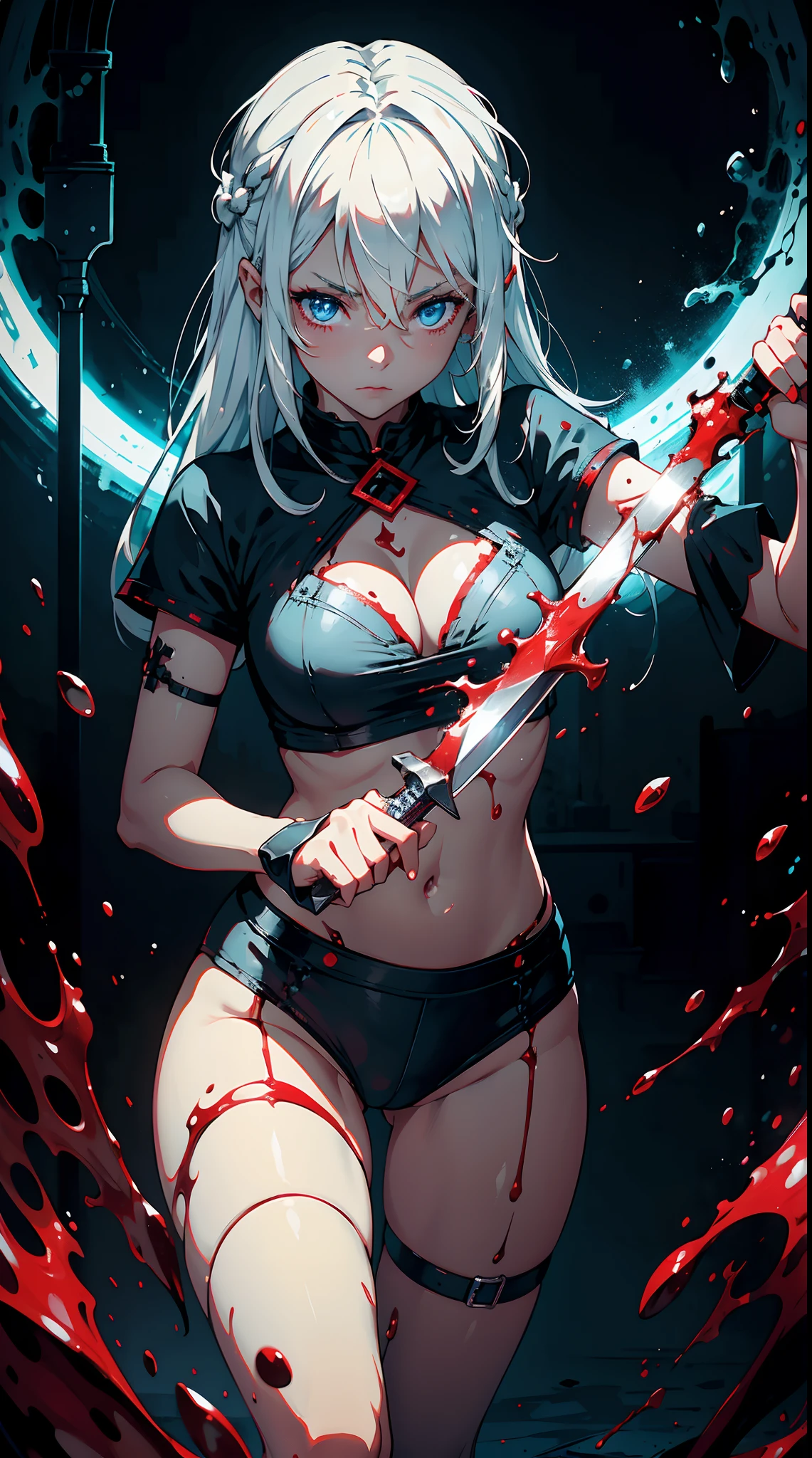 Gril, li,white hair, blue eyes,Holding a knife, red liquid and red blood, living room background.HD lighting and dark )(epic image quality)(many effects in background)