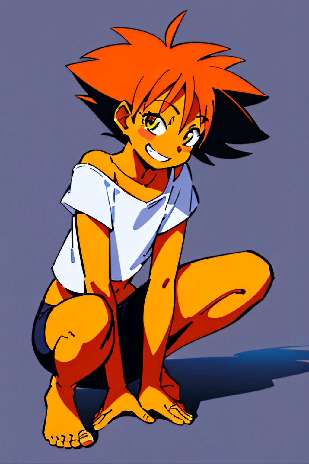 beautiful, masterpiece, simple background, best quality, Edward, tomboy, tan skin, orange hair, spiked hair, brown eyes, goggles on head, midriff, white shirt, loose shirt, off shoulder, barefoot, bike shorts, detailled image, colorfull, vibrant colors, simple background, detailed face, perfect lighting, pefect shadows, perfect eyes, perfect hands, perfect hair, pefect face, grin, solo, looking at viewer, navel, IvanFloro, small body