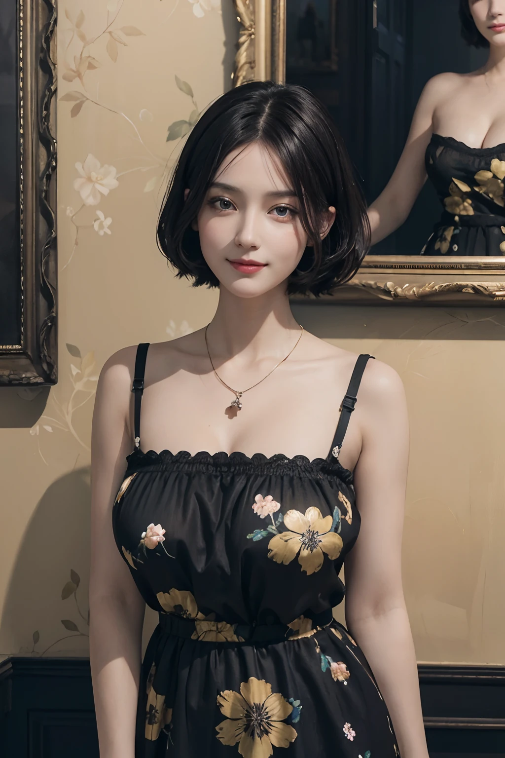 (((Black Shorthair))), (Louvre Museum), Pose Seductive, (A hyper-realistic), (Illustration), (Increased resolution), (8KUHD), (Extremely detailed), (Best Illustration), (Beautiful and detailed eyes), (Best Quality), (ultra-detailliert), (masutepiece ), ( Wallpaper), (Detailed face), Solo, (One woman dressed in blue and yellow), (Floral clothing), (Breast bulge), Fine details, Detailed face, Deep Shadows, lowkey,  Smiling,  (Stand in front of an abstract painting), Wearing a necklace