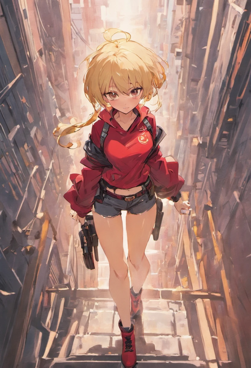 Adult Woman with blond hair, red shirt, utility belt, tight pants, boots.