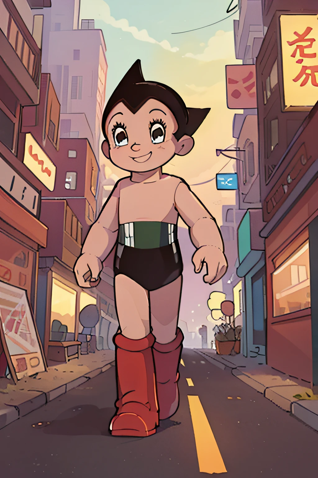 Astro Boy walking down futuristic city, day time, red boots, looking forward, smiling