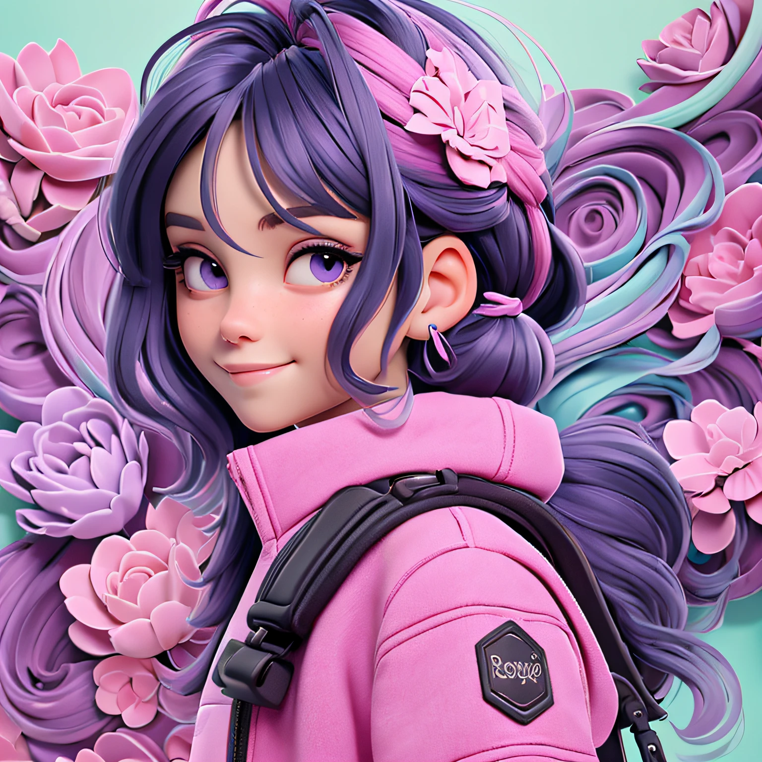 uma menina jovem, Seu cabelo curto e enrolado, com rendas delicadas, tom verde neon com madeixas cinza e preto claro, roupas leves, mochila, fone de ouvido, dread's roxo escuro, corpo inteiro, The background is filled with a pastel shade, evoking a sense of lightness and happiness.