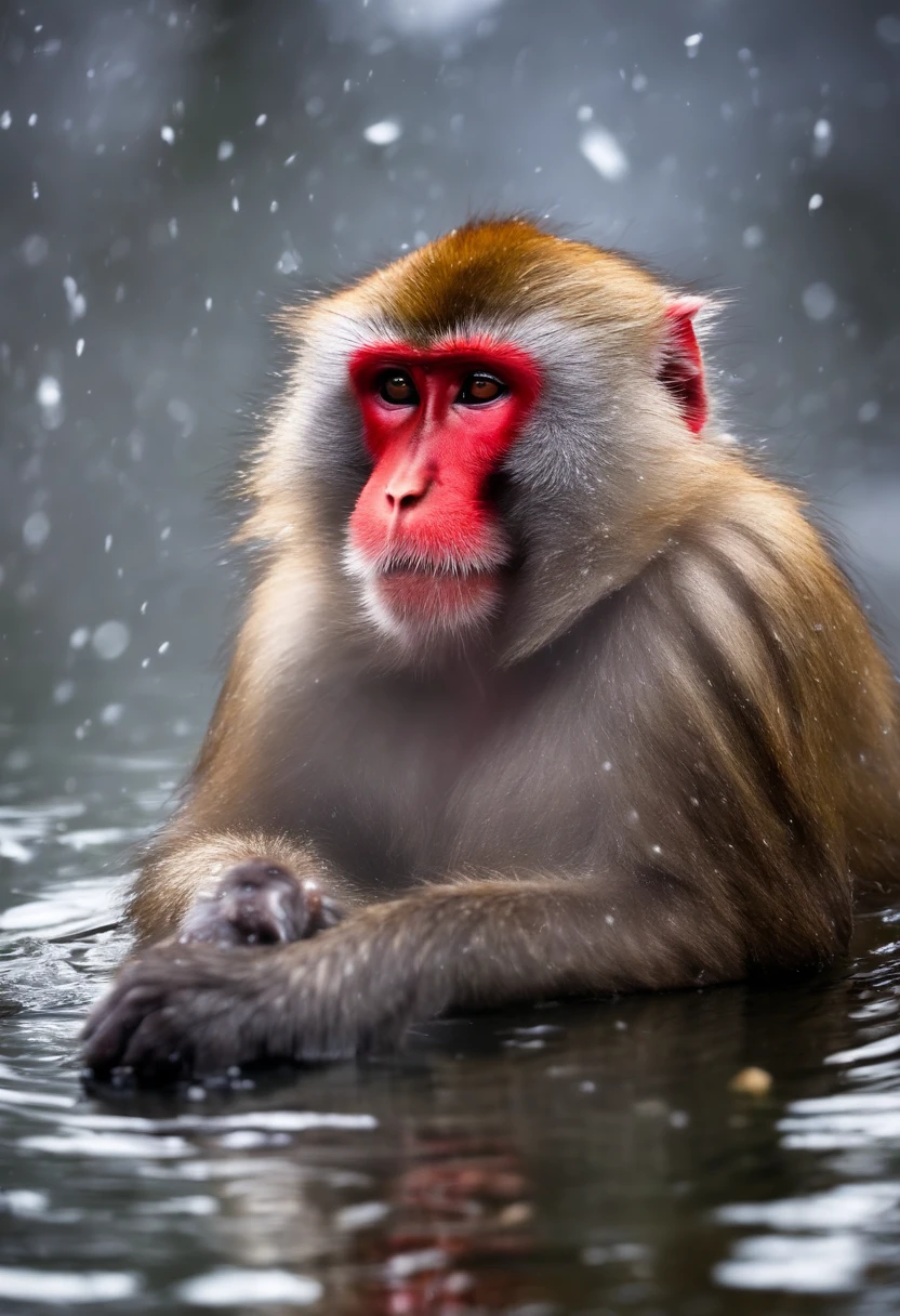 Japanese macaque Soak shoulder-deep in an open-air bath Enter Snow around