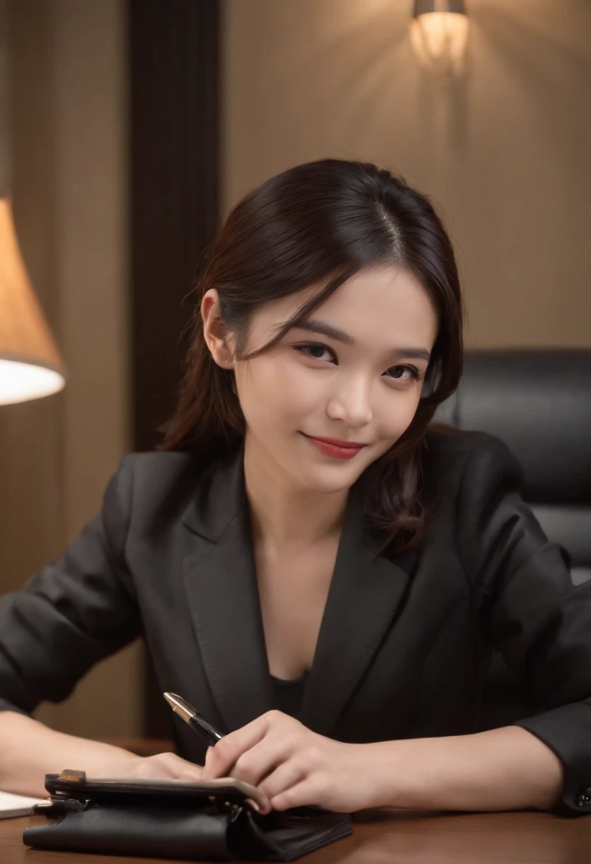 Wearing black leather gloves on both hands, Upper body, Black business suit, Facing the desk in my room with a computer in the dark, Look down and smile, Use a fountain pen to write a letter, Black hair was tied back for a long time, Japan female new employee who is still young and very cute (Black leather gloves cover both hands)Gentle smile looking at the camera
