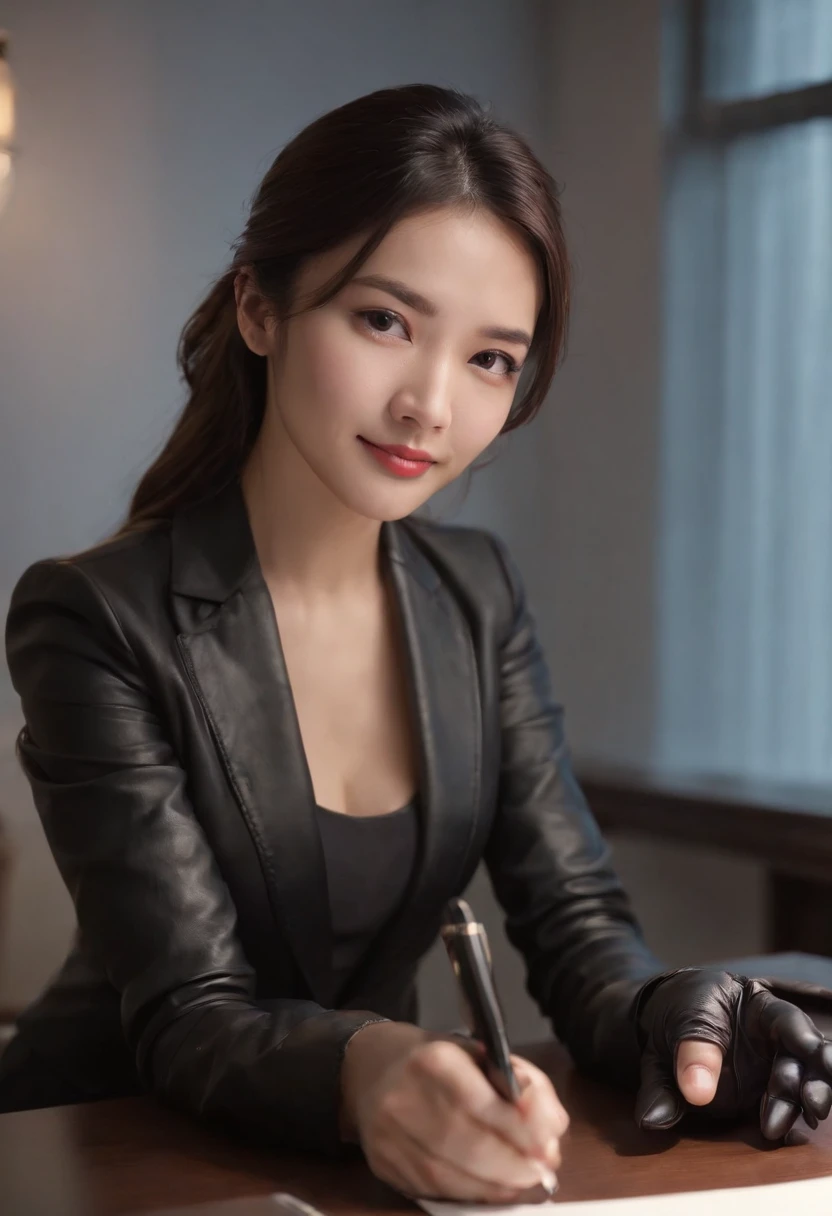 Wearing black leather gloves on both hands, Upper body, Black business suit, Facing the desk in my room with a computer in the dark, Look down and smile, Use a fountain pen to write a letter, Black hair was tied back for a long time, Japan female new employee who is still young and very cute (Black leather gloves cover both hands)Gentle smile looking at the camera