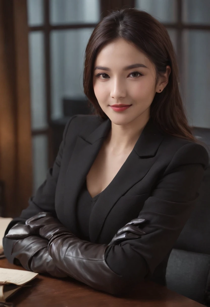 Wearing black leather gloves on both hands, Upper body, Black business suit, Facing the desk in my room with a computer in the dark, Look down and smile, Use a fountain pen to write a letter, Black hair was tied back for a long time, Japan female new employee who is still young and very cute (Black leather gloves cover both hands)Gentle smile looking at the camera