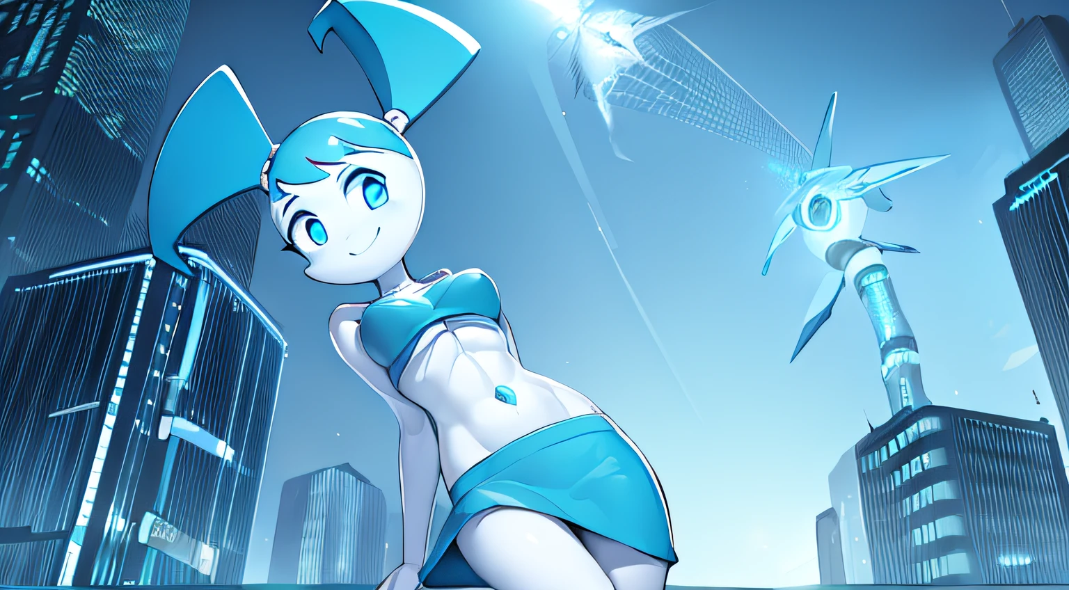 a beautiful and detailed portrait of jenny wakeman,happy,blue eyes,blue midriff, blue mini skirt, walking down futuristic city, ((white skin:1.2)), medium breasts, night time,