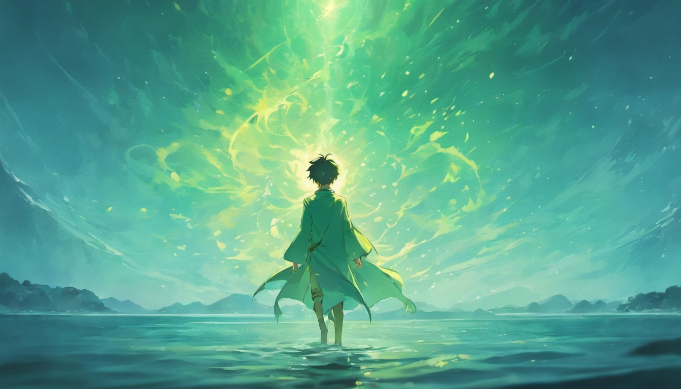Generate an image of a mystical and ethereal male presence above the water.