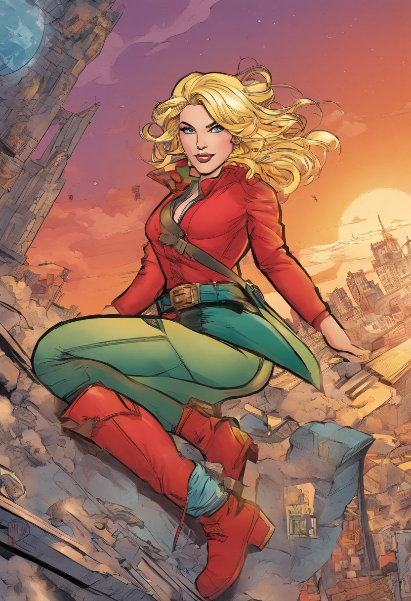 Adult Woman with blond hair, red shirt, utility belt, tight pants, boots.