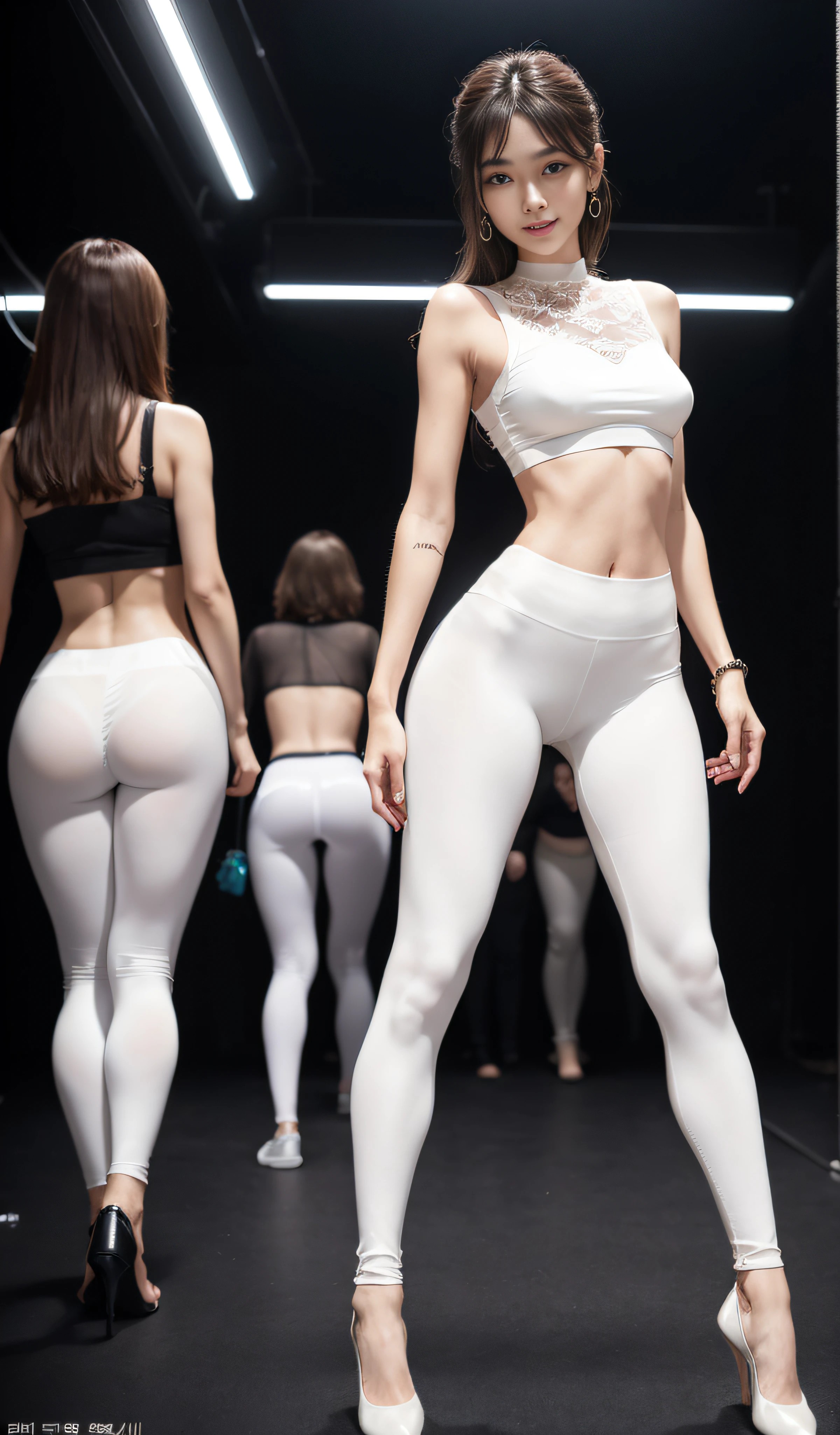 8K, Masterpiece, RAW photo, Best quality, Photorealistic, Extremely detailed CG unifies 8K wallpapers, Depth of field, Cinematic light, Lens flare, Ray tracing, (Extremely beautiful face, Beautiful lips, Beautiful eyes), intricate detail face, ((ultra detailed skin)) 1girll, In the dark, deepshadow, Pretty Korean girl, Kpop idol, 1 girl, (Very slim and slender muscular body:1.3), ((full bodyesbian)),((Long legs)), (thigh gap:1.5),Wide buttock,((view the viewer)),(Big smile:1.3), (Tight lace-up blouse), (Pink shirt), (Sleeveless) , (Fashion night, Dark night, (neon lights sign), (Blurred background), Fashion Street Night),(No one is in the background:1.3), Beautiful earrings, bangle, necklace, Pantyhose, Clear eyes, (Pale skin), (Big eyes), Face forward, ((full body shot shot)), ((Silk white leggings:1.3)),(big assa),(brown hairs),((Skinny silk pants)),(big assa), (view the viewer:1.3) open breast, Very slim, Medium breasts, Turn Back, Back shot, , underwear