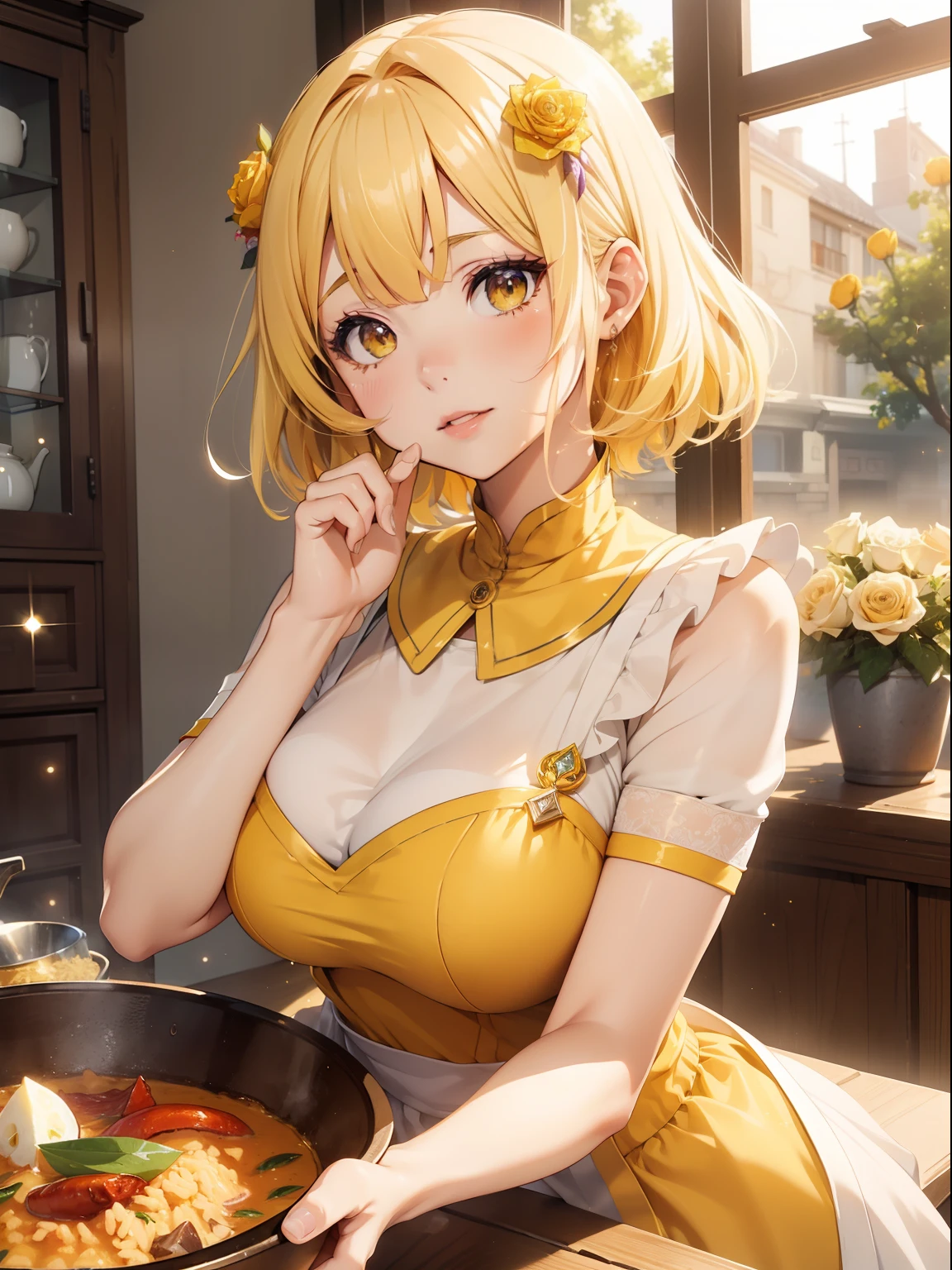 masutepiece, High resolution, 8K, anime woman, Delicate and detailed writing 、Detailed digital illustration、Short hair、perm、Shiny hair、Bangs、a very beautiful woman、Eyes are double, Large, Bust is D cup、High image quality, High quality、Detailed background、The inside of the eye shines like a diamond、Light yellow hair、Gradient pupil、(((2 arms、4 fingers, 1 thumb)))、Detailed female face、Very beautiful and cute woman、、细致背景、masterpiece、Soft Focus , Bright gradient watercolor , Lens Flare , (((Glitter))) , Glow , Dreamy , Yellow Ribbon、((Very beautiful yellow rose hair accessories))、((Straight at the angle of the front))Laughing with open mouth
(White Apron),(((Eat curry rice)))