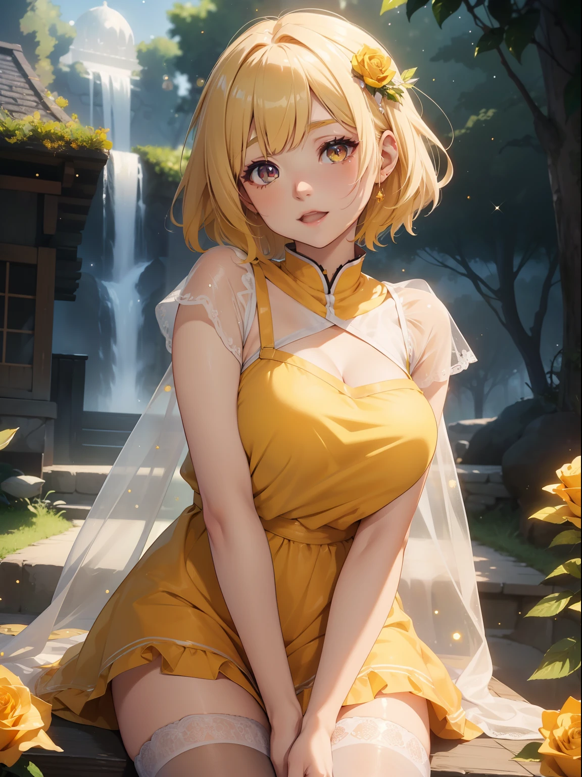 masutepiece, High resolution, 8K, anime woman, Delicate and detailed writing 、Detailed digital illustration、Short hair、perm、Shiny hair、Bangs、a very beautiful woman、Eyes are double, Large, Bust is D cup、High image quality, High quality、Detailed background、The inside of the eye shines like a diamond、Light yellow hair、Gradient pupil、(((2 arms、4 fingers, 1 thumb)))、Detailed female face、Very beautiful and cute woman、、细致背景、​masterpiece、Soft Focus , Bright gradient watercolor , Lens Flare , (((Glitter))) , Glow , Dreamy , Yellow Ribbon、((Very beautiful yellow rose hair accessories))、((Straight at the angle of the front))Laughing with open mouth
(White Apron),(((Eat curry rice)))