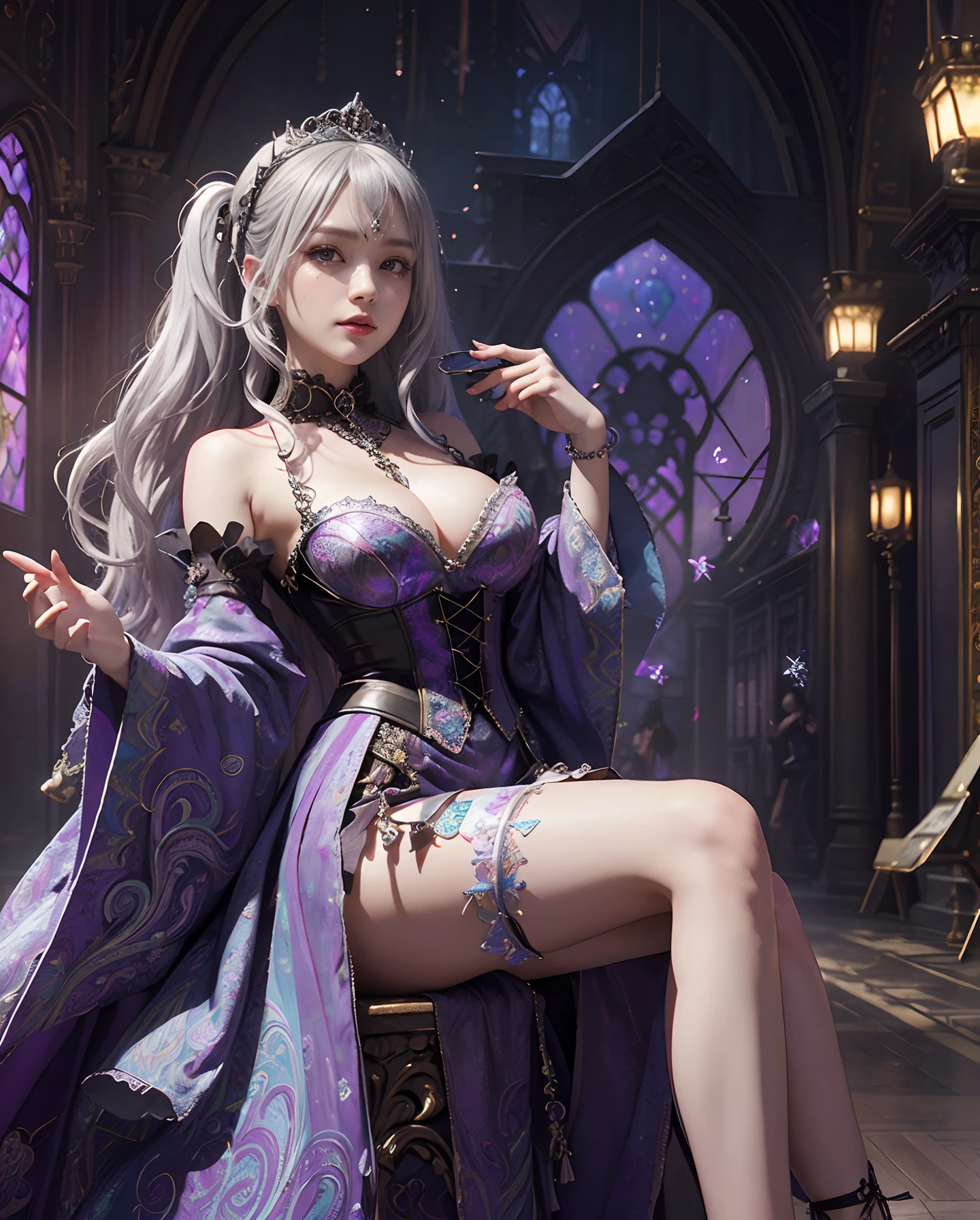 masutepiece、hight resolution、Paisley pattern wallpaper 、Gothic Lolita costumes、Intricately drawn paisley pattern、10,000 colors、colourfull、Craftsmanship、25 years old women、１girl with、9th class、Look at the viewer、smil、Silver hair、Okappa、Diamond brilliance、colorful decorations、Particles of light flutter、Detailed Gothic style、(maximalism:1.5)、diffuse lighting、(depth of fields:1.8)、gothic lorita、Diffuse reflection of light、((Background ratio:65%)、high-heels、The background is a temple、The background is a beautiful chandelier inside the castle、Glitter background、large full breasts