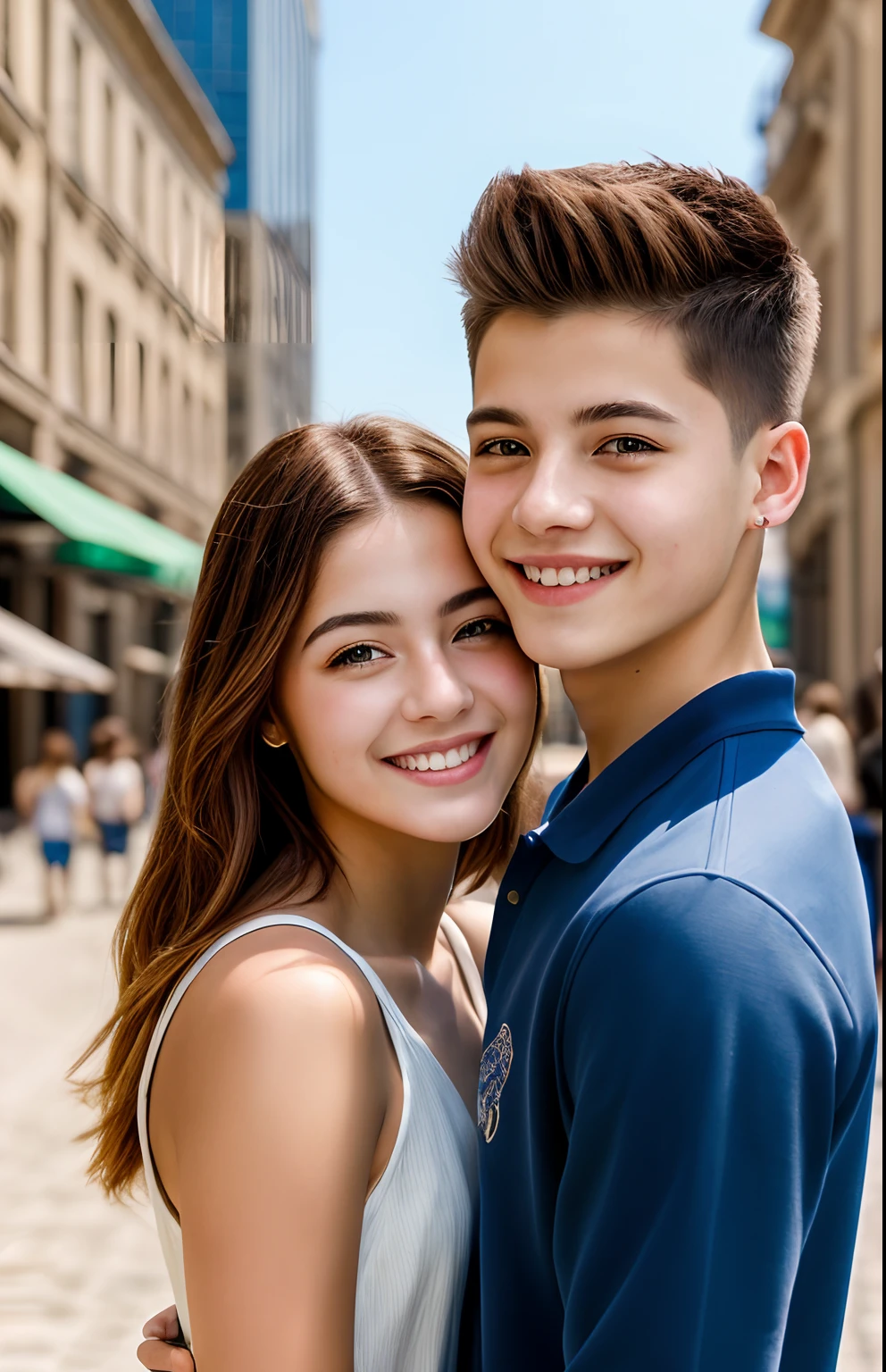 (Masterpiece,best quality,high quality,ultra-realistic, Extremely detailed:1.2)1 couple,vibrant colors,portrait,female and male teenagers,smiles,sunny day,City background,sharp focus