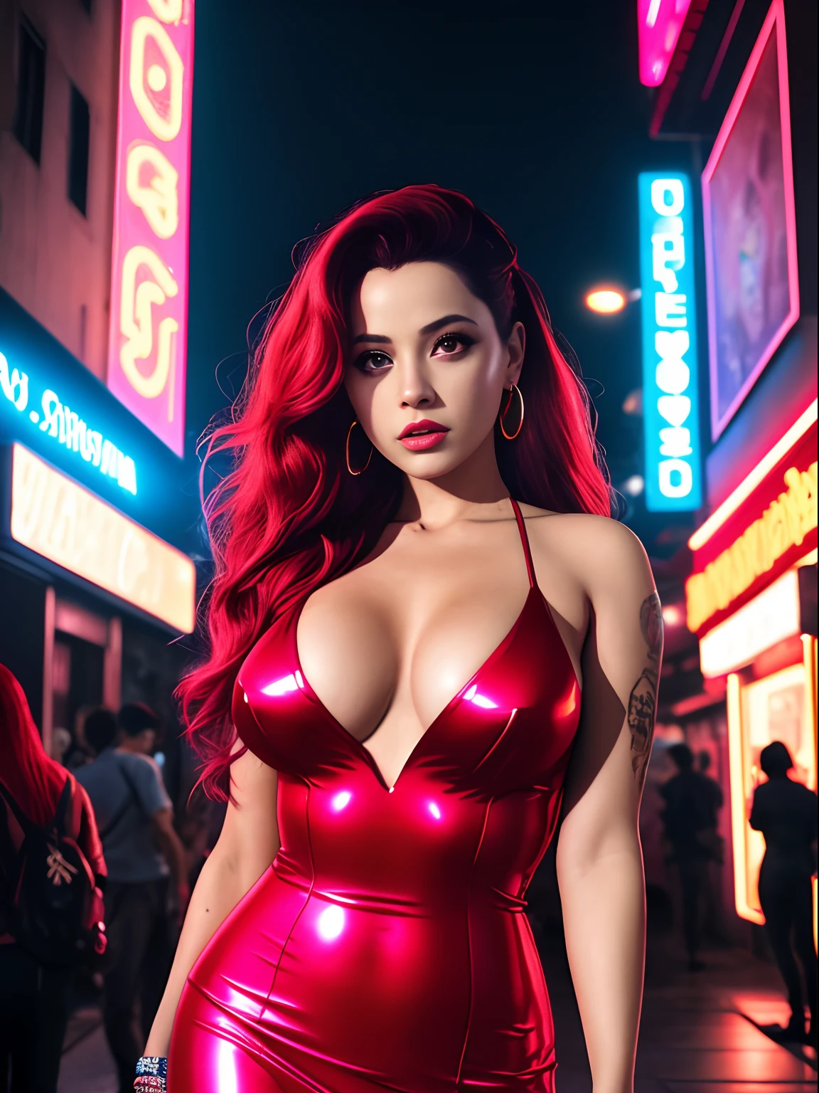 Uma linda Jessica Rabbit, vestido vermelho, decote, action movie scene, noite, Cyberpunk aesthetics, Bustling with neon signs, lotado de pessoas,cinematografia de filmes,Turma do Lixo, pessoa atraente,High emphasis on detail,Use of meteorological technology equipment,Turma do Lixo, tatuagens,Vida noturna,cheio de vida ,Turma do Lixo , action movie shot by Kon Satoshi, estilo Semi Impasto, tinta escura, Atmospheric, brilhante, dramatic lighting, olhos bonitos, symmetric eyes, olhos perfeitos, vaporwave, Synthwave