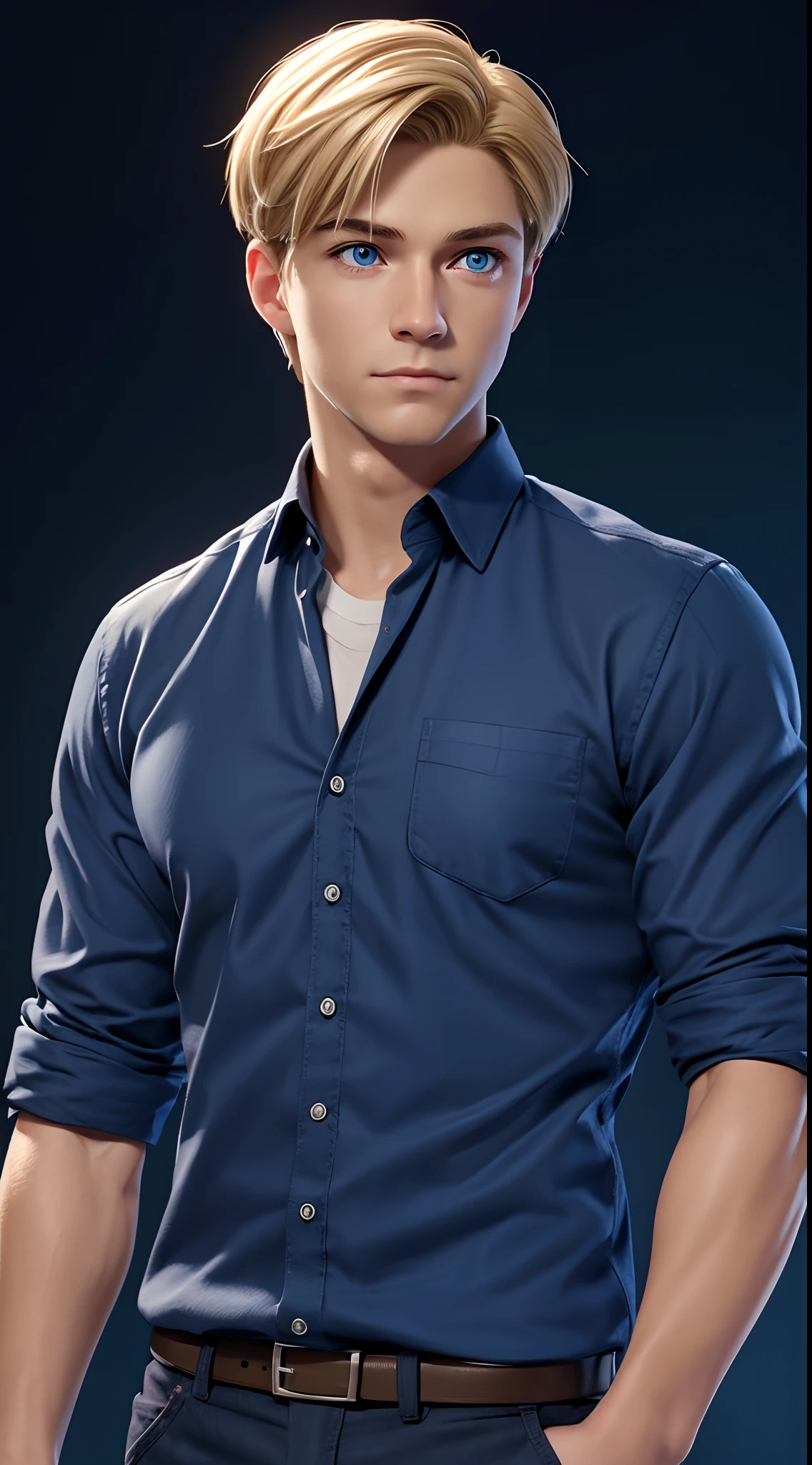 Ultra realistic, ultra detailed, Steve has a simple appearance with short blonde hair, light skin, blue eyes, and dark blue clothes that appear to be work clothes.