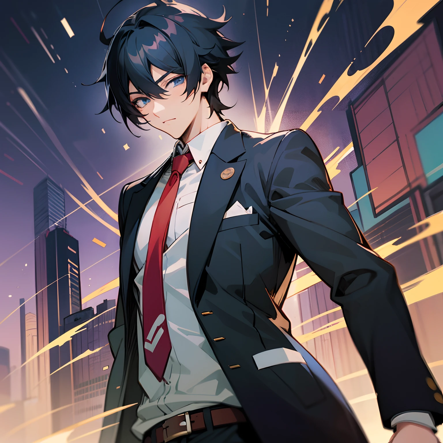 Anime male, 22 years old, black hair and red tie, black jacket, blue eyes, handsome eyes, anime art with fine details, Masamune Shiro, young anime man, detailed Hajime Yatatate character design, Fus Rei brush strokes, night core scene, moe anime style.
