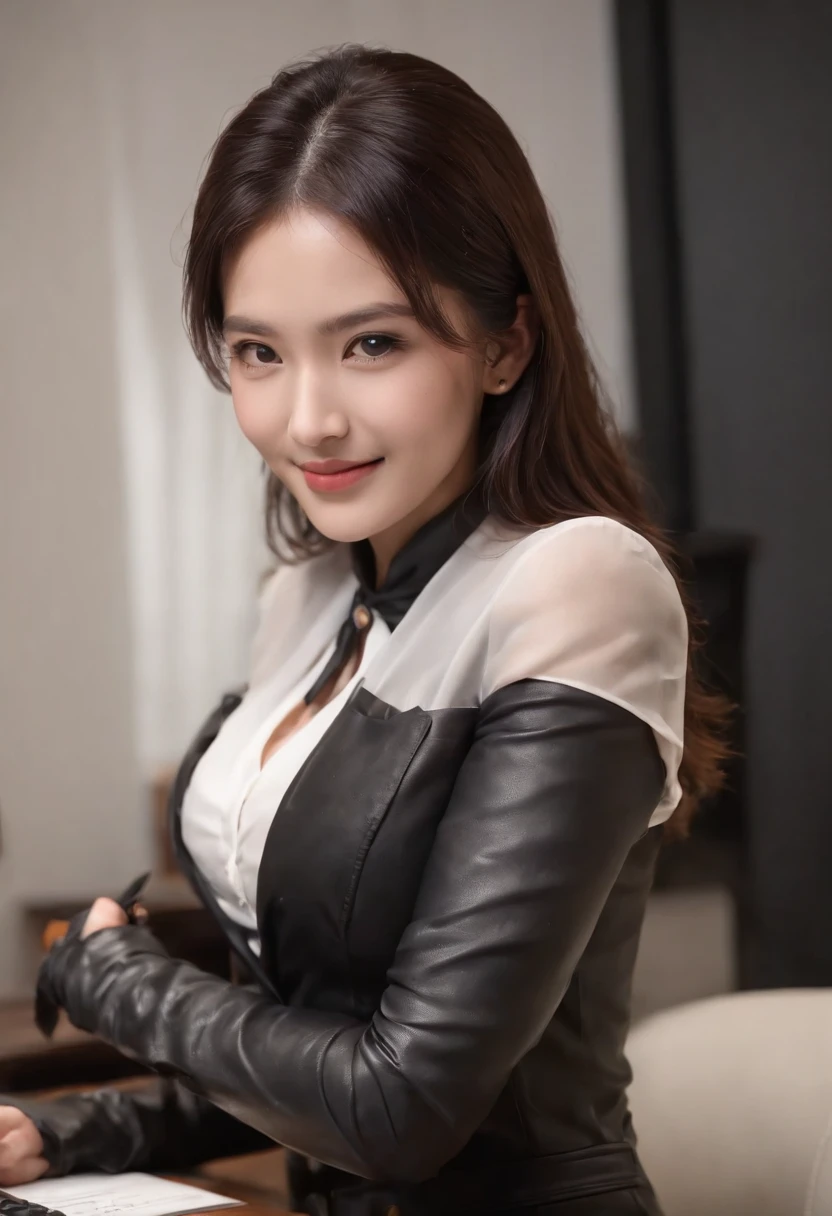 Wearing black leather gloves on both hands, Upper body, Black business suit, Facing the desk in my room with a computer in the dark, Look down and smile, Use a fountain pen to write a letter, Black hair was tied back for a long time, Japan female new employee who is still young and very cute (Black leather gloves cover both hands)Gentle smile looking at the camera