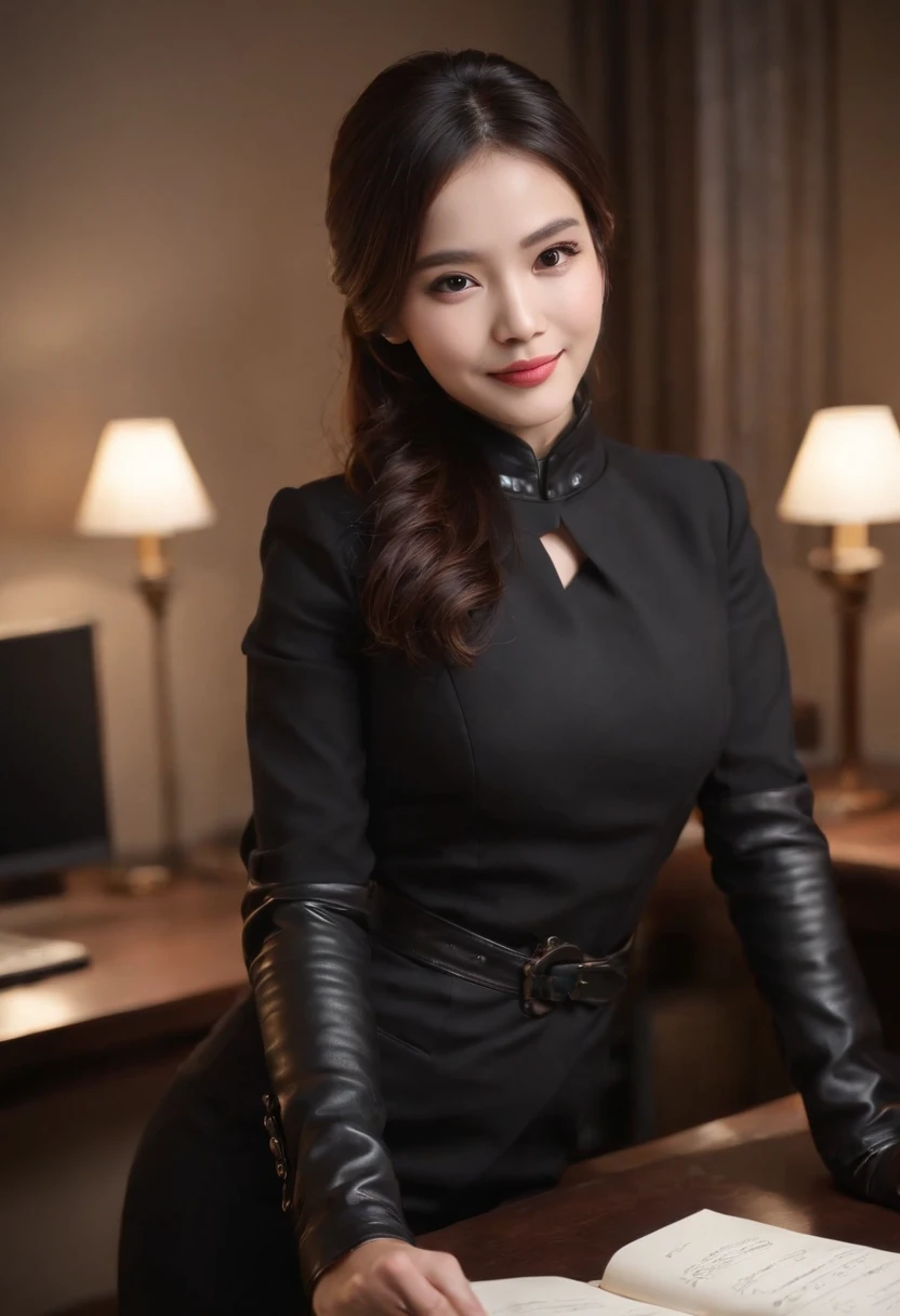 Wearing black leather gloves on both hands, Upper body, Black business suit, Facing the desk in my room with a computer in the dark, Look down and smile, Use a fountain pen to write a letter, Black hair was tied back for a long time, Japan female new employee who is still young and very cute (Black leather gloves cover both hands)Gentle smile looking at the camera