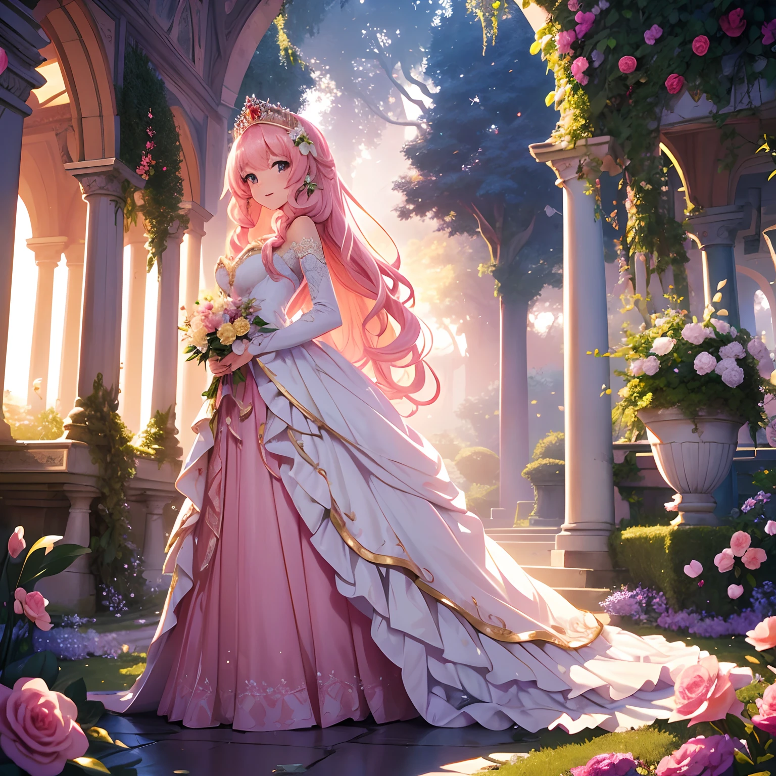 In a whimsical kingdom far away, there exists a fantasy pink princess. Her flowing gown, woven from the petals of a thousand roses, shimmers with a soft, iridescent glow. Adorned with intricate lace and delicate embroidery, her dress is a testament to elegance and grace. Her golden hair cascades down her back, adorned with shimmering jewels that sparkle like stars in the night sky.
[3] The scene is set in a magical garden, where vibrant pink flowers bloom in abundance. The air is filled with the sweet scent of blossoms, and colorful butterflies dance in the air around the princess. Sunlight filters through the lush foliage, casting a warm, ethereal glow on the surroundings. The garden is alive with whimsical creatures, from talking animals to mischievous fairies, all drawn to the princess's enchanting presence.
[4] The atmosphere is one of pure enchantment and joy. Soft, tinkling laughter fills the air as the princess twirls in her gown, her laughter harmonizing with the song of birds. The garden seems to come alive with magic, as flowers bloom and sway in time with the princess's movements. A sense of wonder and happiness permeates the scene, as if the very essence of fairy tales has been brought to life.
[5] Style: Digital illustration with a touch of fairy tale magic
[6] The fantasy pink princess will be brought to life through a digital illustration that captures the charm and enchantment of a fairy tale. The use of soft, pastel colors and intricate details will highlight the princess's flowing gown and delicate features. The magical garden will be filled with vibrant pink flowers, whimsical creatures, and sparkling sunlight. The final artwork will transport viewers to a world of dreams and imagination, evoking a sense of wonder and delight.