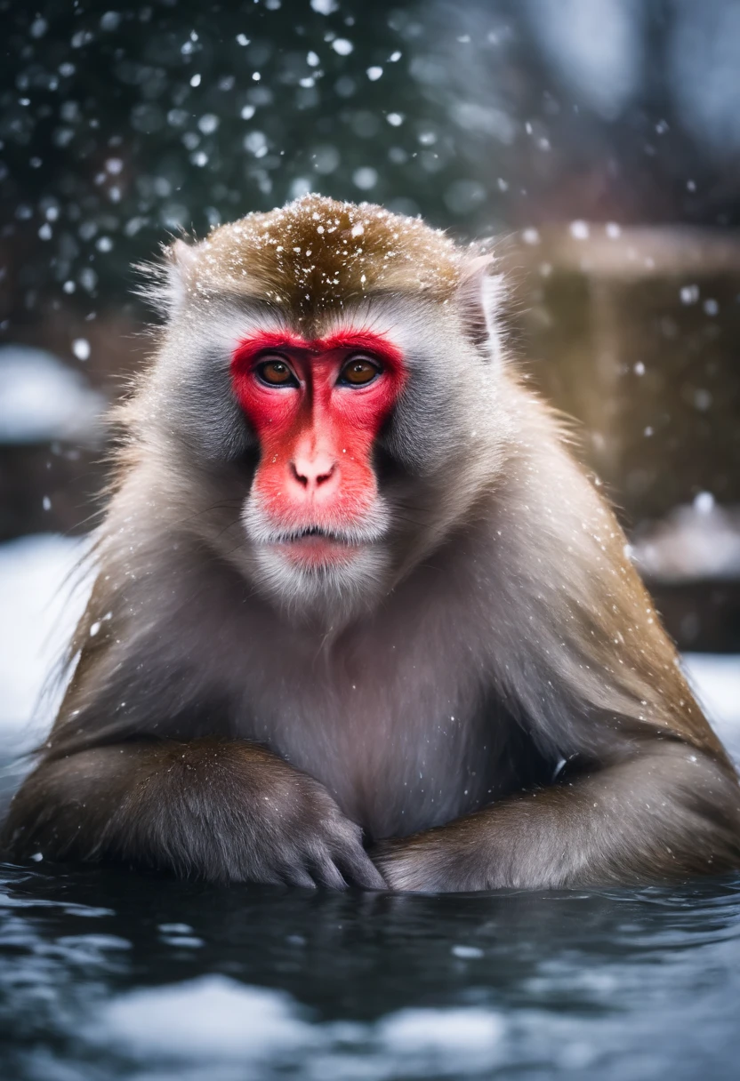 Japanese macaque Soak shoulder-deep in an open-air bath Enter Snow around