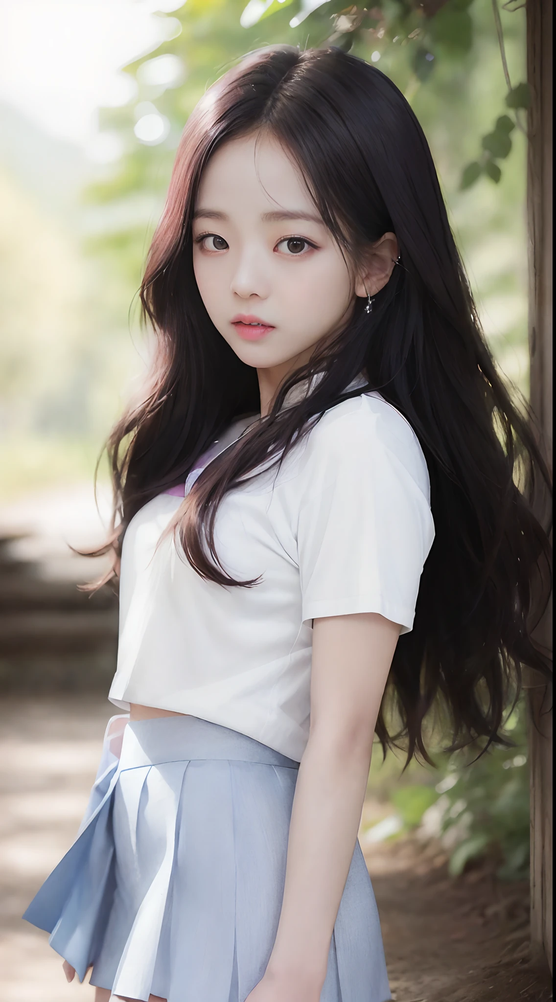 ((Jisoo from Blackpink)), white t-shirt, tiny blue pleated skirt, pink panties, black tights to the waist, black high heels, close-up from thighs to face, shot from below, very fair skin, very long hair, wavy hair, camp, Forest, photorealistic, Indirect lighting, volumetric light, ray tracing, hyper-detailed, best quality, very high resolution, HDR, 8k