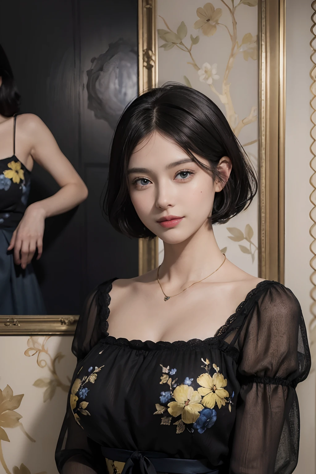 (((Black Shorthair))), (Louvre Museum), Pose Seductive, (A hyper-realistic), (Illustration), (Increased resolution), (8KUHD), (Extremely detailed), (Best Illustration), (Beautiful and detailed eyes), (Best Quality), (ultra-detailliert), (masutepiece ), ( Wallpaper), (Detailed face), Solo, (One woman dressed in blue and yellow), (Floral clothing), (Breast bulge), Fine details, Detailed face, Deep Shadows, lowkey, Smiling, (Stand in front of an abstract painting), Wearing a necklace