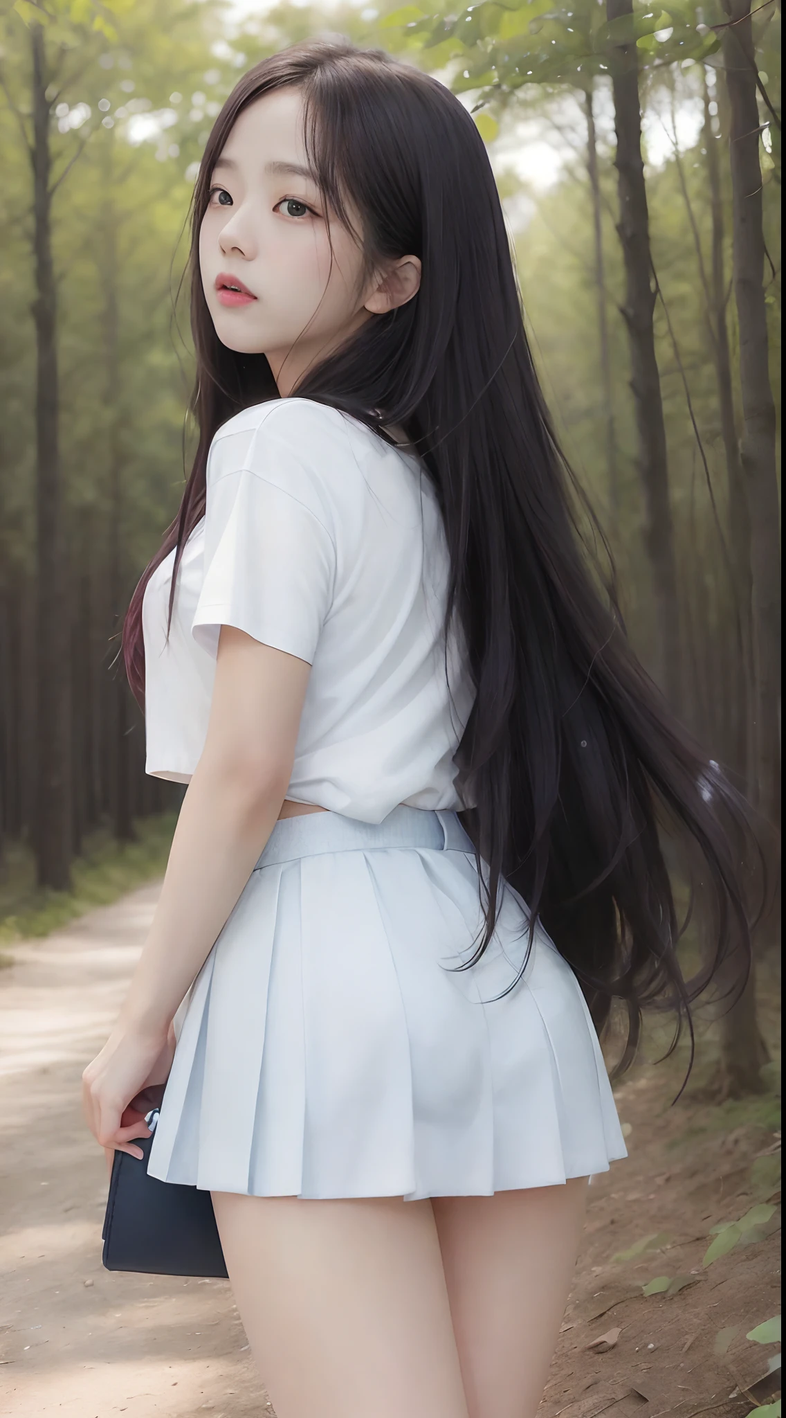 ((Jisoo from Blackpink)), white t-shirt, tiny blue pleated skirt, pink panties, black tights to the waist, black high heels, close-up from thighs to face, shot from below, very fair skin, very long hair, wavy hair, camp, Forest, photorealistic, Indirect lighting, volumetric light, ray tracing, hyper-detailed, best quality, very high resolution, HDR, 8k