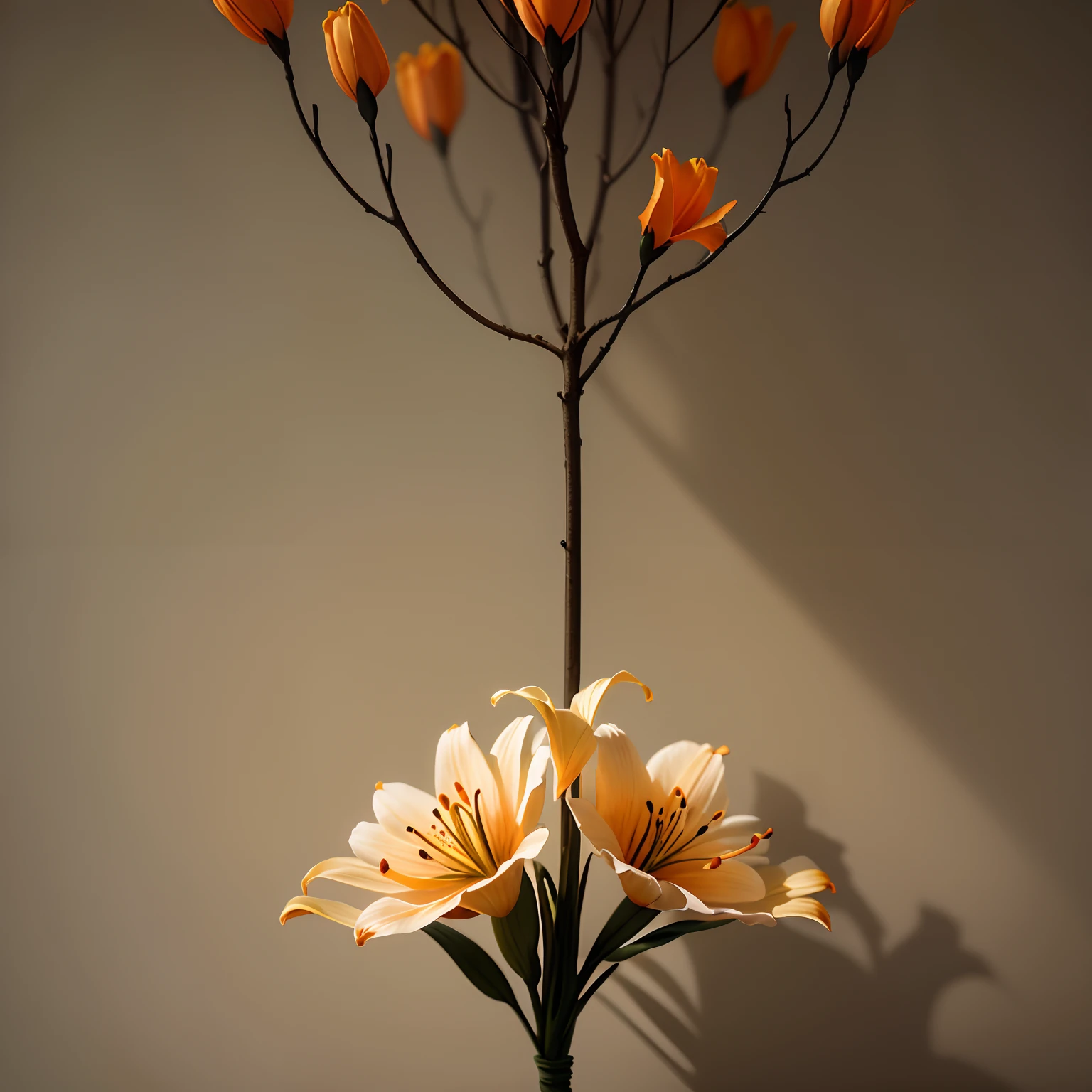 Lilies bloom on knotty branches,greybackground,simple backgound,in the style of light orange and light beige,minimalist images,photographic installations,Paleonucleus,green and crimson,ultra-realistic realism,Poetic