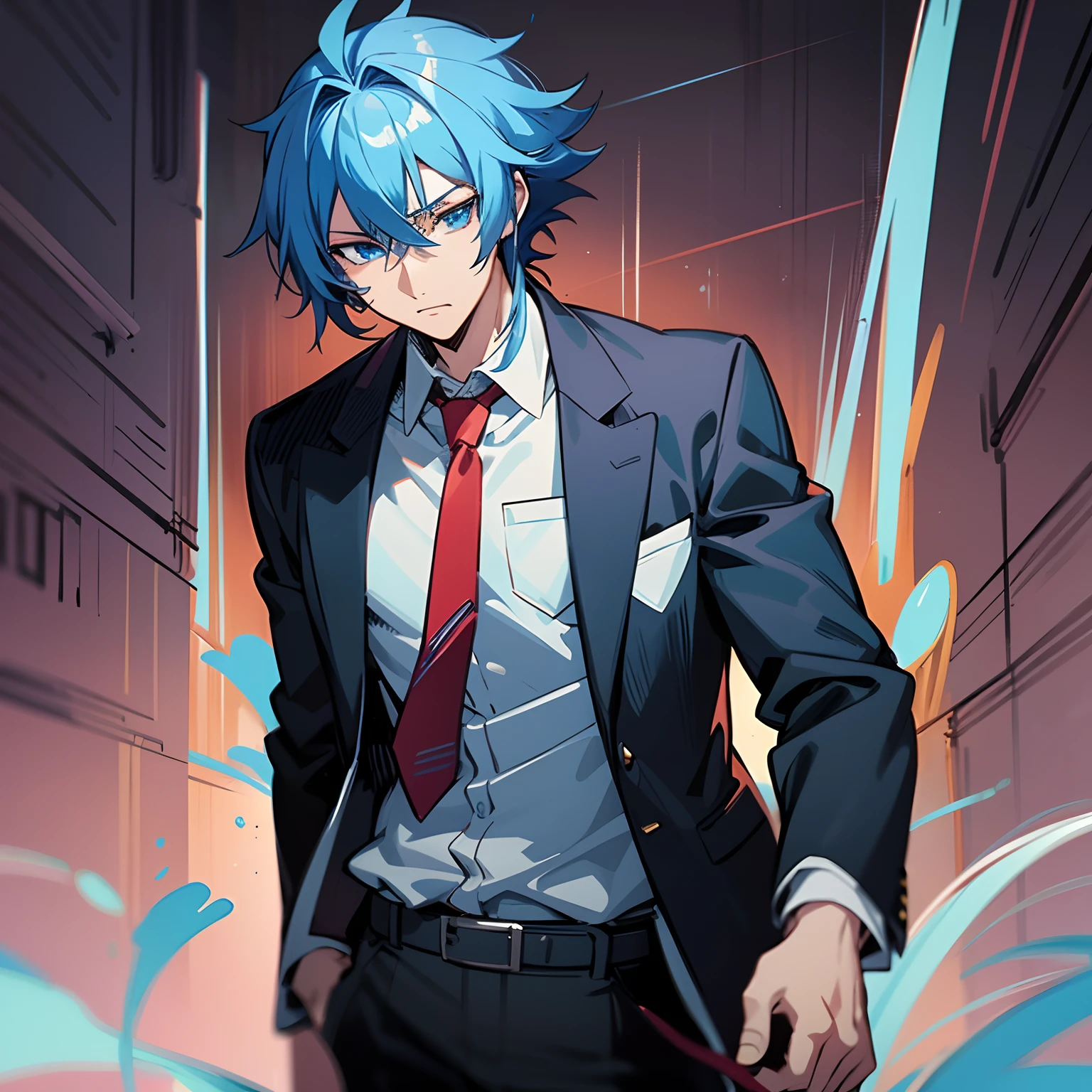Anime male, 22 years old, blue hair and red tie, black jacket, blue eyes, handsome eyes, anime art with fine details, Masamune Shiro, young anime man, detailed Hajime Yatatate character design, Fus Rei brush strokes, night core scene, moe anime style.