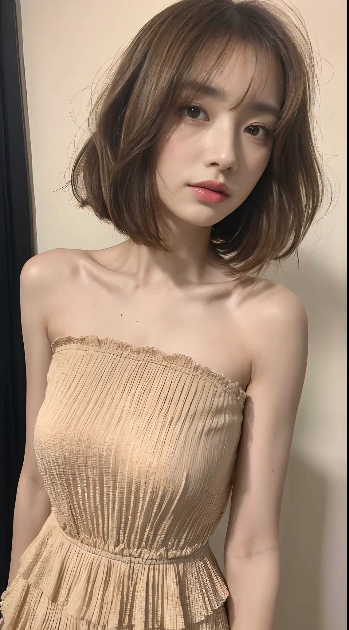Pale-skinned Japanese . She is wearing a beige cold shoulder,