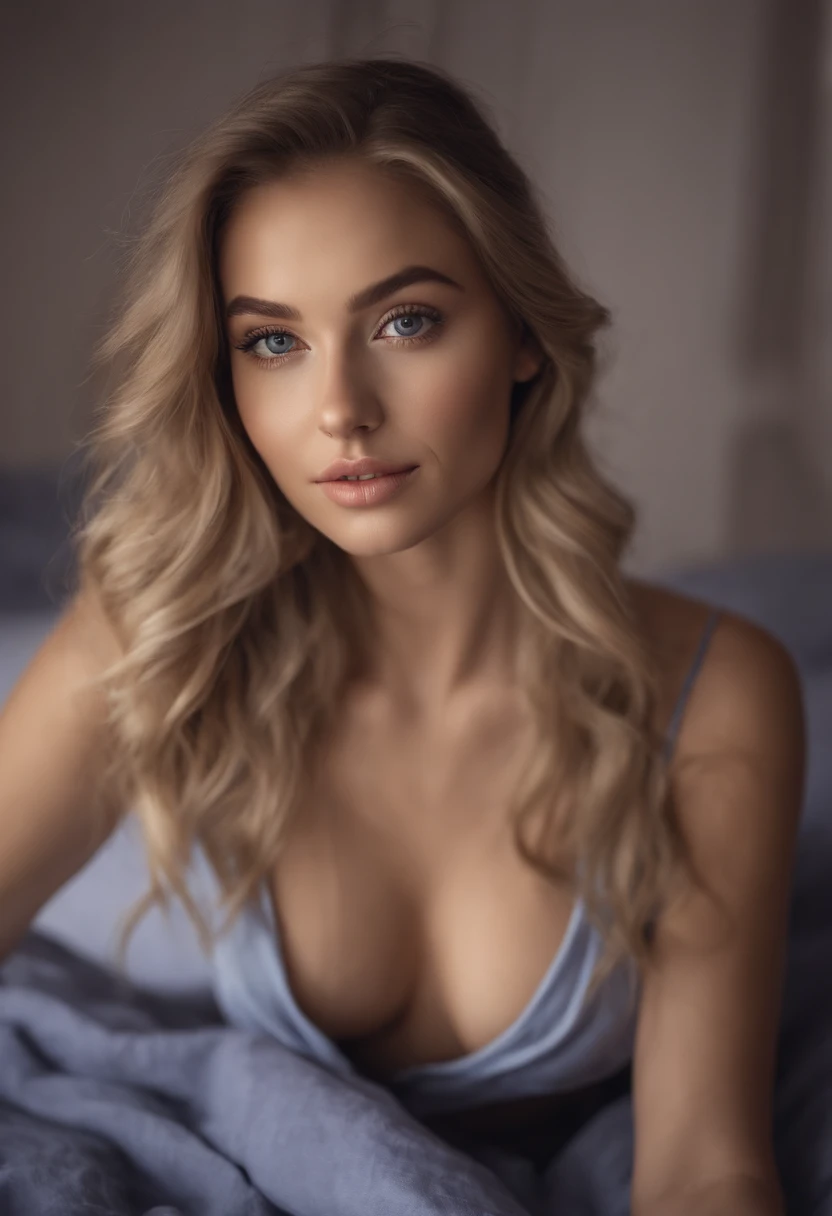 Arafed woman completely , fille sexy aux yeux bleus, ultra realist, Meticulously detailed, Portrait Sophie Mudd, cheveux blonds et grands yeux, selfie of a young woman, Yeux de chambre, Violet Myers, sans maquillage, maquillage naturel, looking straight at camera, Visage avec Artgram, Maquillage subtil, Great photo of the whole body kneeling on the bed, dans la chambre, Bust of medium to large size sexy underwear
