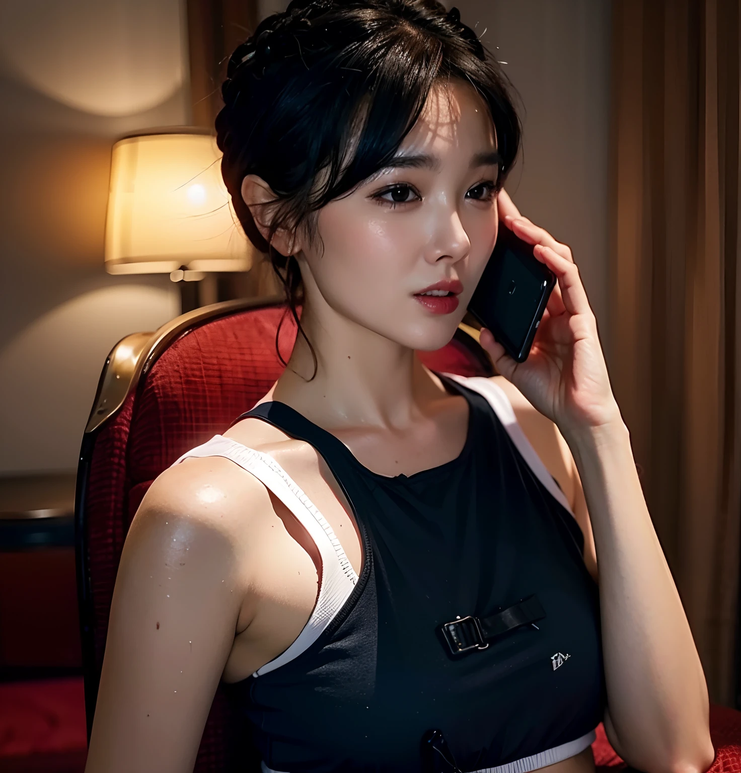 there is a woman that is talking on a cell phone, iu lee ji-eun as a super villain, Choi Hyun-hwa, jaeyeon nam, Lee Ji-eun, lee ji eun, female actress from korea, cute korean actress, hwang se - on, beautiful Korean women, park jimin, Shin Jinying, jiyun chae, Open V corset，cleavage，Bust and SFW，Breasts，wlop glossy skin, Japanese goddess, Shiny wet skin!!, breasts covered and sfw, photorealistic perfect body, Realistic sensual gravure idol, ultra-realistic picture, an oppai cyberpunk, Beautiful detailed body and face, cinematic bust shot, gorgeous chinese models, seductive anime girls, asian hyperdetailed，perfect female shape，Yoshitomo Nara, She was about 25 years old, She was about 25 years old, Lu Ji, She was about 25 years old, Photo of female model with perfect body，Not wearing underwear