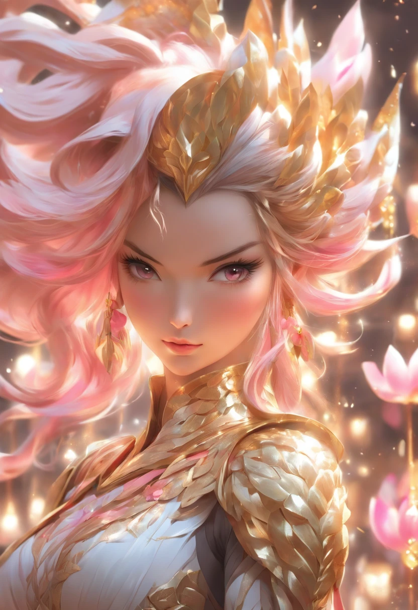 Sexy woman in white gold and pink lotus lace armor dress, chengwei pan on artstation, by Yang J, detailed fantasy art, Stunning character art, Fanart Meilleure ArtStation, epic exquisite character art, Beautiful armor, Extremely detailed Artgerm, Detailed digital anime art, Artgerm on ArtStation Pixiv, Armor Girl, cleavage big breasts:1.2, (Mini skirt:1,5)