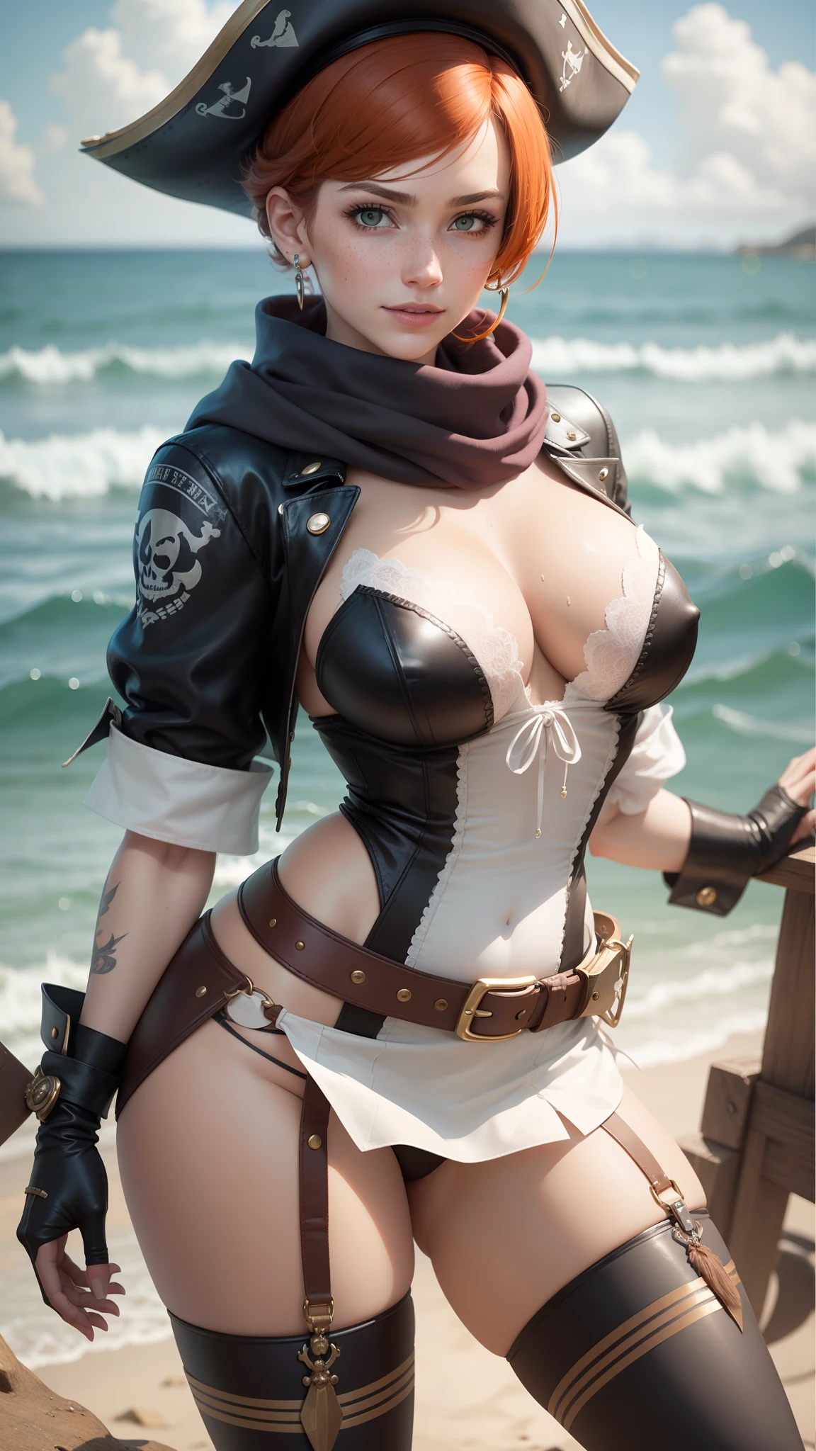 gwen tennyson,tracer,raven,yorha 2b, rebecca chambers,atelier ryza,pirate outfit,beach,ager,green eyes,thigh high boots,garter belt,shy smile,striped panties,short hair,orange hair,pirate ship,white striped top,gothic mini skirt,wet body, freckles,redhead,pirate corset,pirate jacket,beautiful girl,large breasts,ultra detailed,realistic,pearl earrings,long scarf,