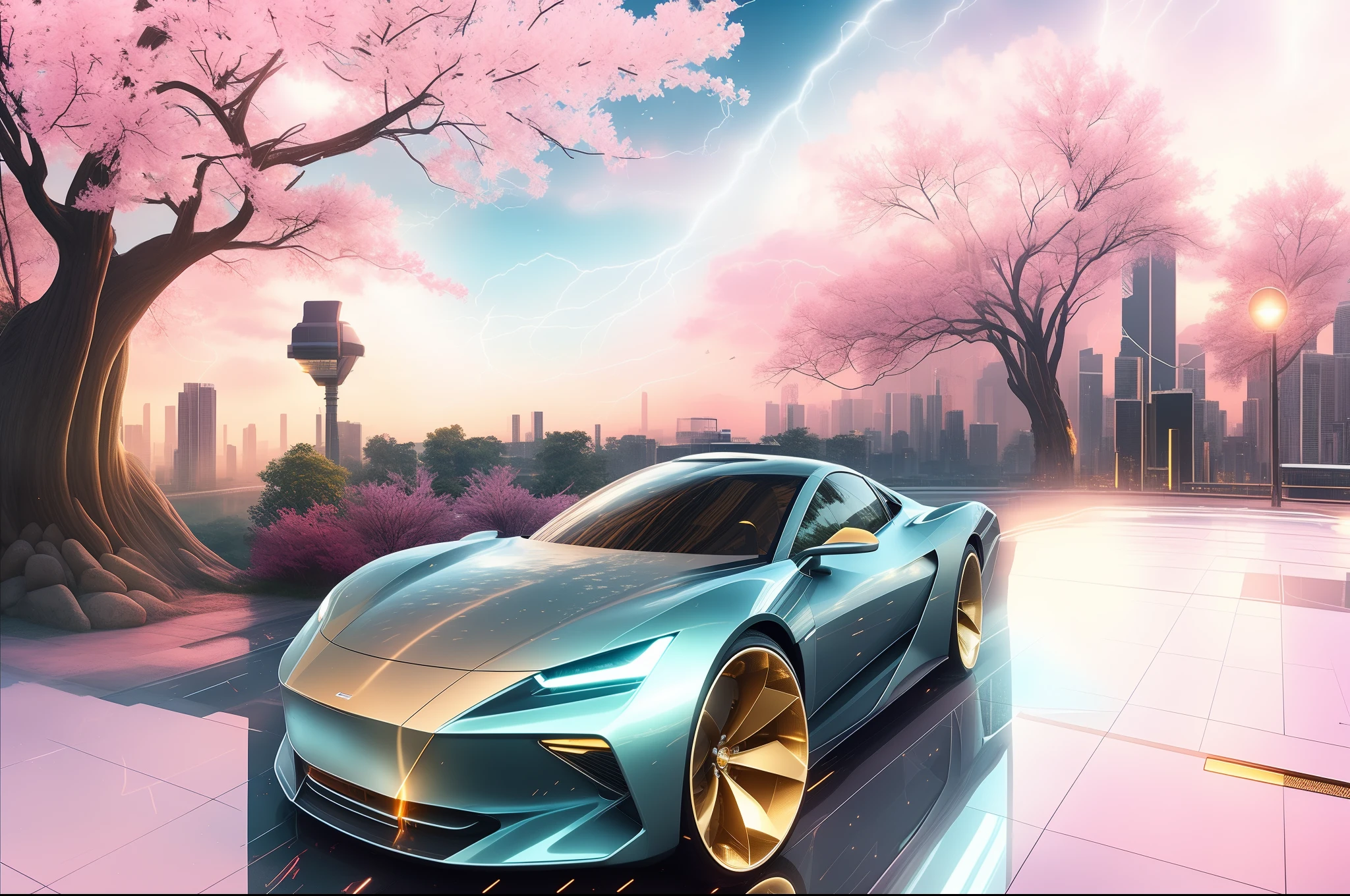 À la Fed image of a car driving on the road with the city background,, futuristic art style, Futuristic digital art, 4K highly detailed digital art,Super EV concept car,Sunlight,The cherry tree,glacia,New City Center,lightning bolt,visually stunning, Iconic, Dramatic,Stunning sunset over futuristic city, towering skyscrapers, Golden hour lighting and dramatic clouds, high detailing,