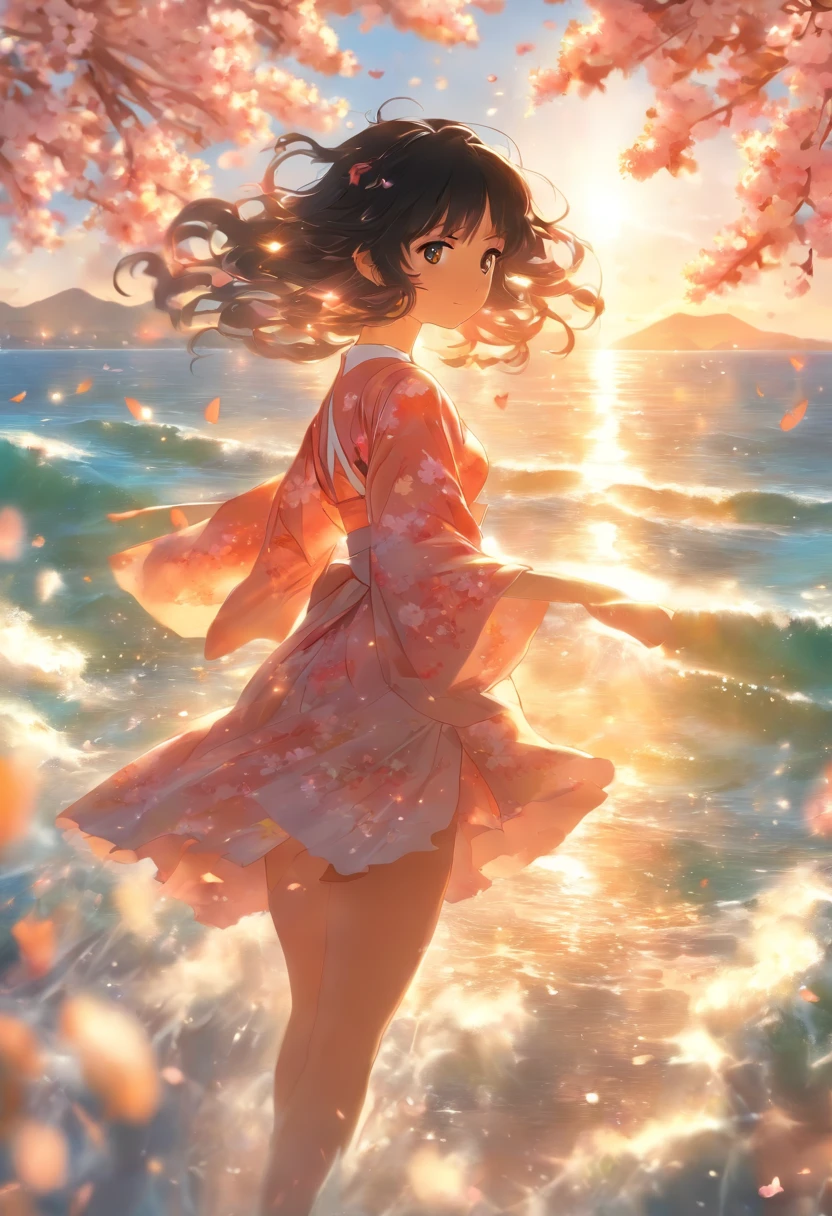 1girll,Black hair, Floating hair, Seaside,scenery,landscape,Cherry blossoms, Falling petals, rays of sunshine,god light,Upper body, colours,dress,komono