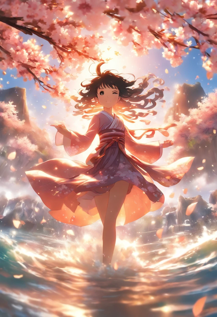 1girll,Black hair, Floating hair, Seaside,scenery,landscape,Cherry blossoms, Falling petals, rays of sunshine,god light,Upper body, colours,dress,komono
