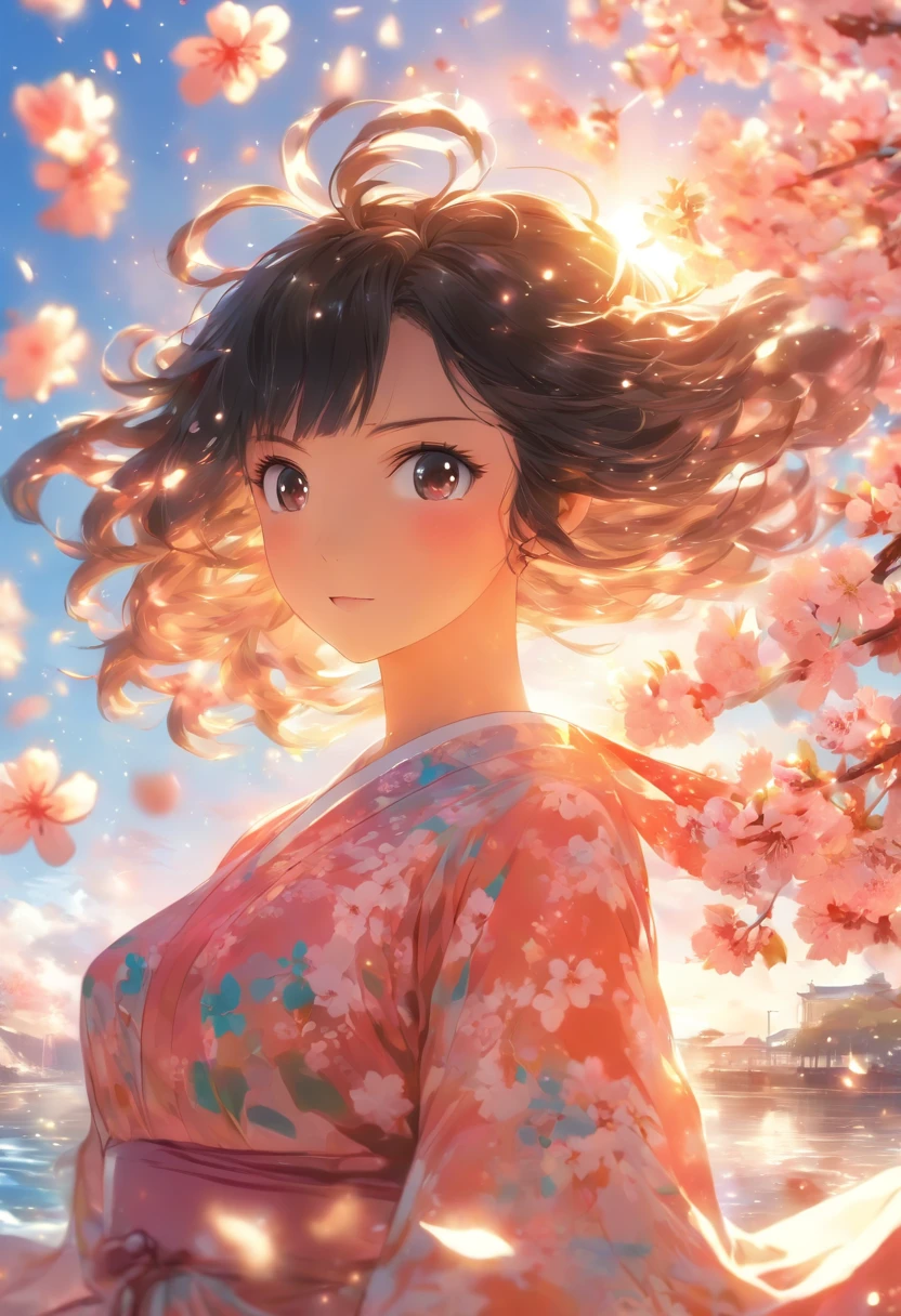 1girll,Black hair, Floating hair, Seaside,scenery,landscape,Cherry blossoms, Falling petals, rays of sunshine,god light,Upper body, colours,dress,komono