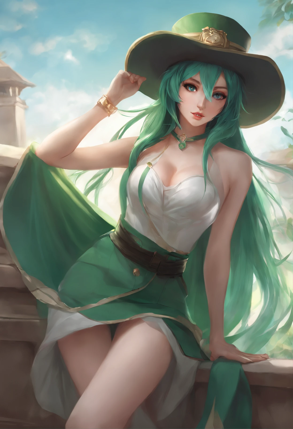 Mujer arafed con cabello largo y verde y un sombrero blanco posando, seductora chica de anime, Artgerm extremadamente detallado, Mikudayao, amigo, Artgerm en ArtStation Pixiv, Mejor valorado en Pixiv, pixiv 3dcg, Como Artgerm, Hatsune Miku, Tendencias en ArtStation Pixiv, ! dream artgerm