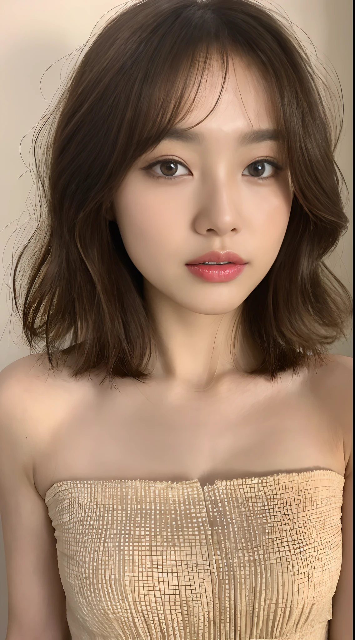 ((top-quality、8K、masterpiece:1.3))、focus:1.2、Perfect Body Beauty:1.4、(Layered Haircut:1.2))、Bandeau Dress:1.1、Highly detailed facial and skin texture、Delicat eyes、二重まぶた、Whitened skin、length hair、Brown hair、waved hair