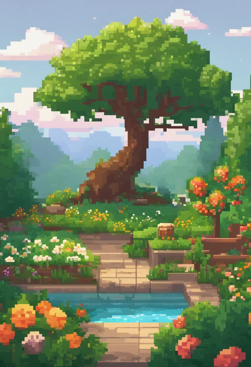 Sunny summer，florals，green trees，pixelated art, beautiful detailed pixel art, detailed pixel art, Retro lo-fi video game, Pixel art concept, detailed pixel artwork, pixelart style, Pixel City, pixel art animation, high quality pixel art, White snow, super detailed color lowpoly art, #pixelart:3, # pixelart, #pixelart