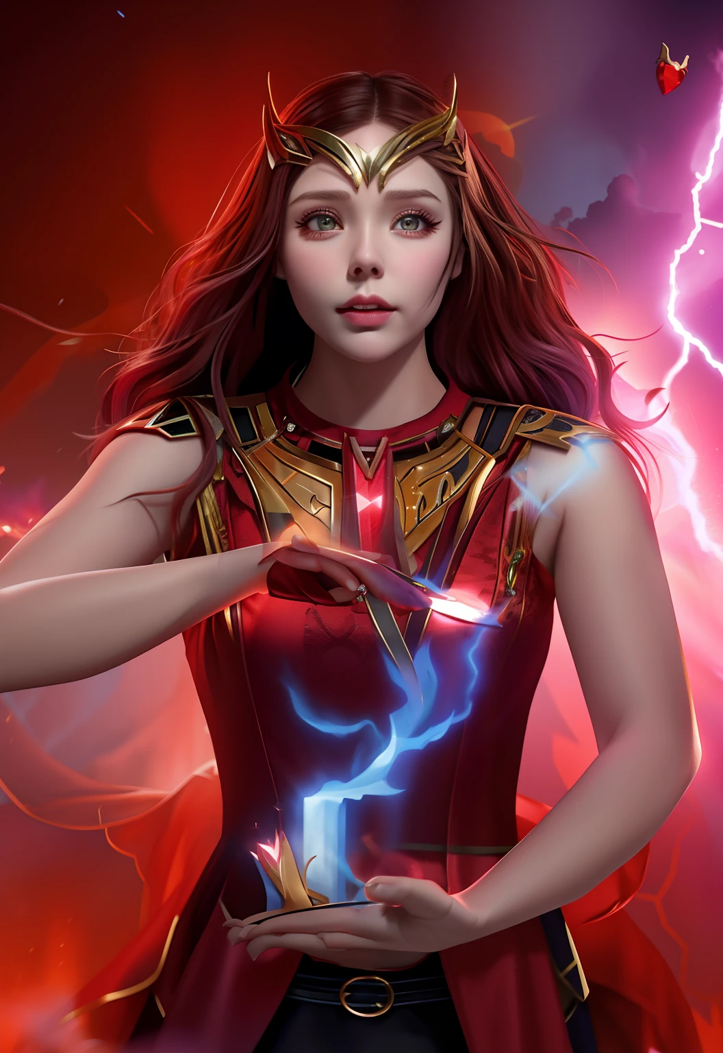 A woman in a red dress holding a heart with a demon face, Feiticeira Escarlate Marvel, Feiticeira Escarlate, Elizabeth Olsen como Feiticeira Escarlate, Elizabeth Olsen como a Feiticeira Escarlate, wanda maximoff, Elizabeth Olsen como Feiticeira Escarlate, Traje de Feiticeira Escarlate, Ela tem poderes de fogo, - Elizabeth Olsen as a Lightning Mage, Elizabeth Olsen como Senhor do Inferno
