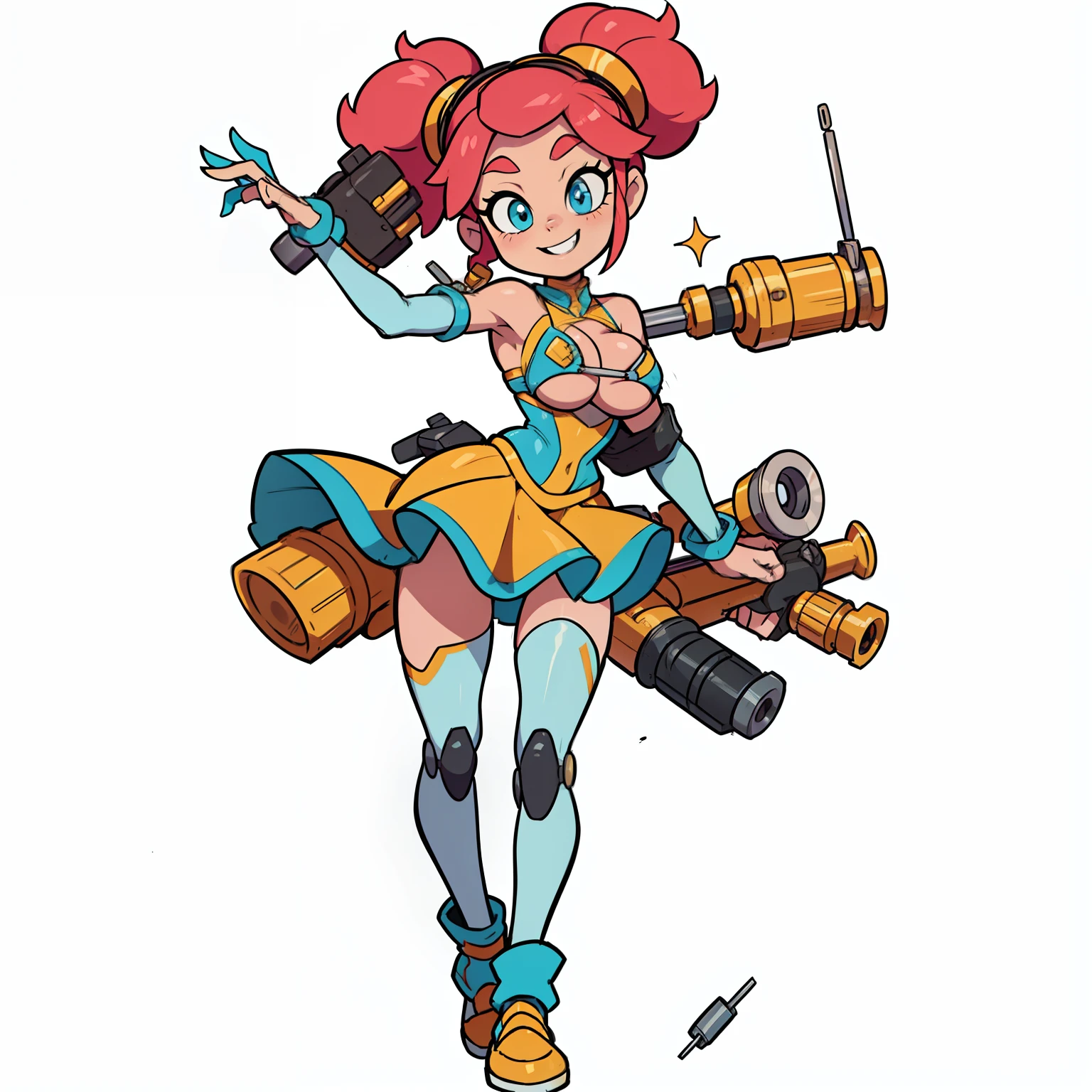 in cartoon, (female protagonist 👀:0.8), TinkerTwirl, A dainty, pink and gold robot with a tutu skirt made of metallic plates. Her arms are slender and end in tools like a screwdriver and a wrench. Don't let her balletic grace fool you; TinkerTwirl is a genius mechanic. She can fix anything in a jiffy and loves to dance while doing it. Her special ability is the "Mechanic's Waltz", where she repairs allies and confuses enemies with her mesmerizing boobs I mean dance, exited smile