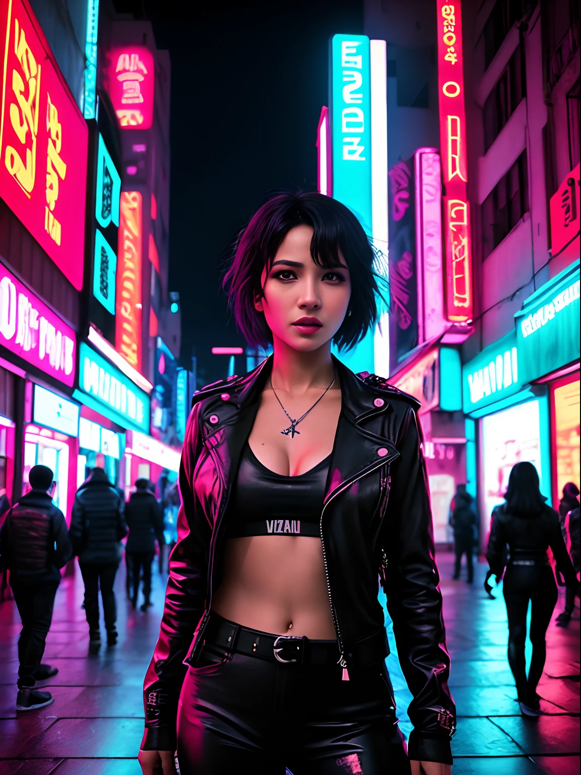 Uma linda Gina Valentina, short hair, decote, action movie scene, noite, Cyberpunk aesthetics, Bustling with neon signs, lotado de pessoas,cinematografia de filmes,Turma do Lixo, pessoa atraente,High emphasis on detail,Use of meteorological technology equipment,Turma do Lixo, tatuagens,Vida noturna,cheio de vida ,Turma do Lixo , action movie shot by Kon Satoshi, estilo Semi Impasto, tinta escura, Atmospheric, brilhante, dramatic lighting, olhos bonitos, symmetric eyes, olhos perfeitos, vaporwave, Synthwave