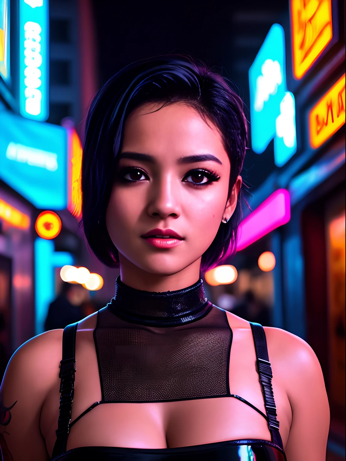 Uma linda Gina Valentina, short hair, decote, action movie scene, noite, Cyberpunk aesthetics, Bustling with neon signs, lotado de pessoas,cinematografia de filmes,Turma do Lixo, pessoa atraente,High emphasis on detail,Use of meteorological technology equipment,Turma do Lixo, tatuagens,Vida noturna,cheio de vida ,Turma do Lixo , action movie shot by Kon Satoshi, estilo Semi Impasto, tinta escura, Atmospheric, brilhante, dramatic lighting, olhos bonitos, symmetric eyes, olhos perfeitos, vaporwave, Synthwave