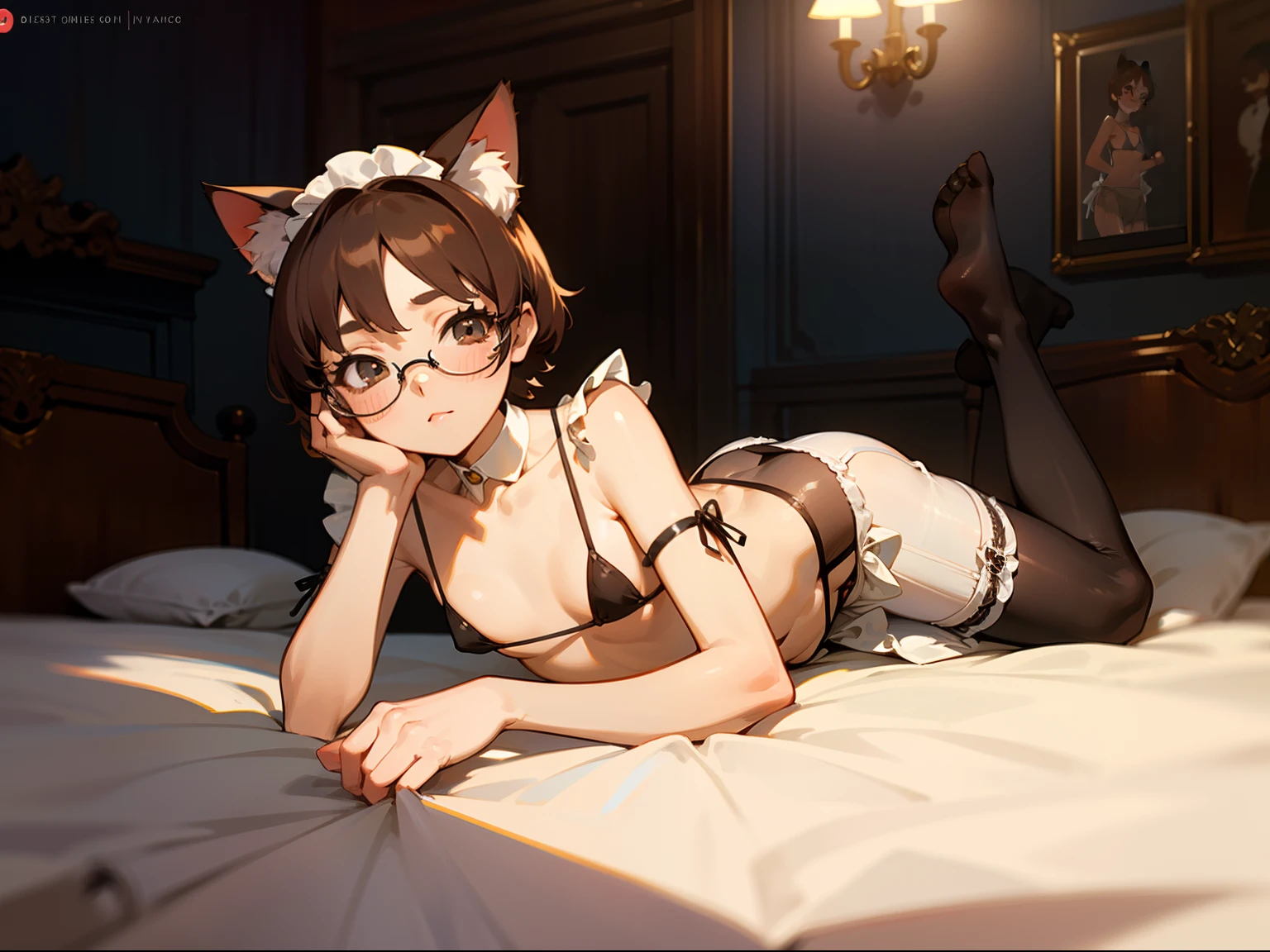 (Best Quality,hight resolution:1.2), Detailed face,(micro bikini maid), cat ears,long face, Brown hair, short hair,deadan,loli,flat chest, Adorable,Expressive eyes,Flushed cheeks,Detailed attractive glasses,pantyhose with garter belt,lying on the bed,cute pose,Subtle details of maid clothes,Tidy room,Vintage Mansion